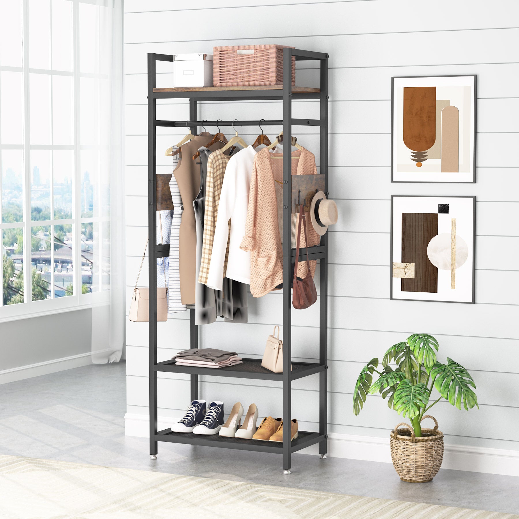 plants on clothes rack Little tree Industrial Hall Tree, Entryway Coat Rack with Shoe Storage Shelf  and Hooks, Freestanding Closet Organizer Clothes Rack, Closet Garments Shelf  for Hallway, Bedroom(Rustic Brown) – Little Tree