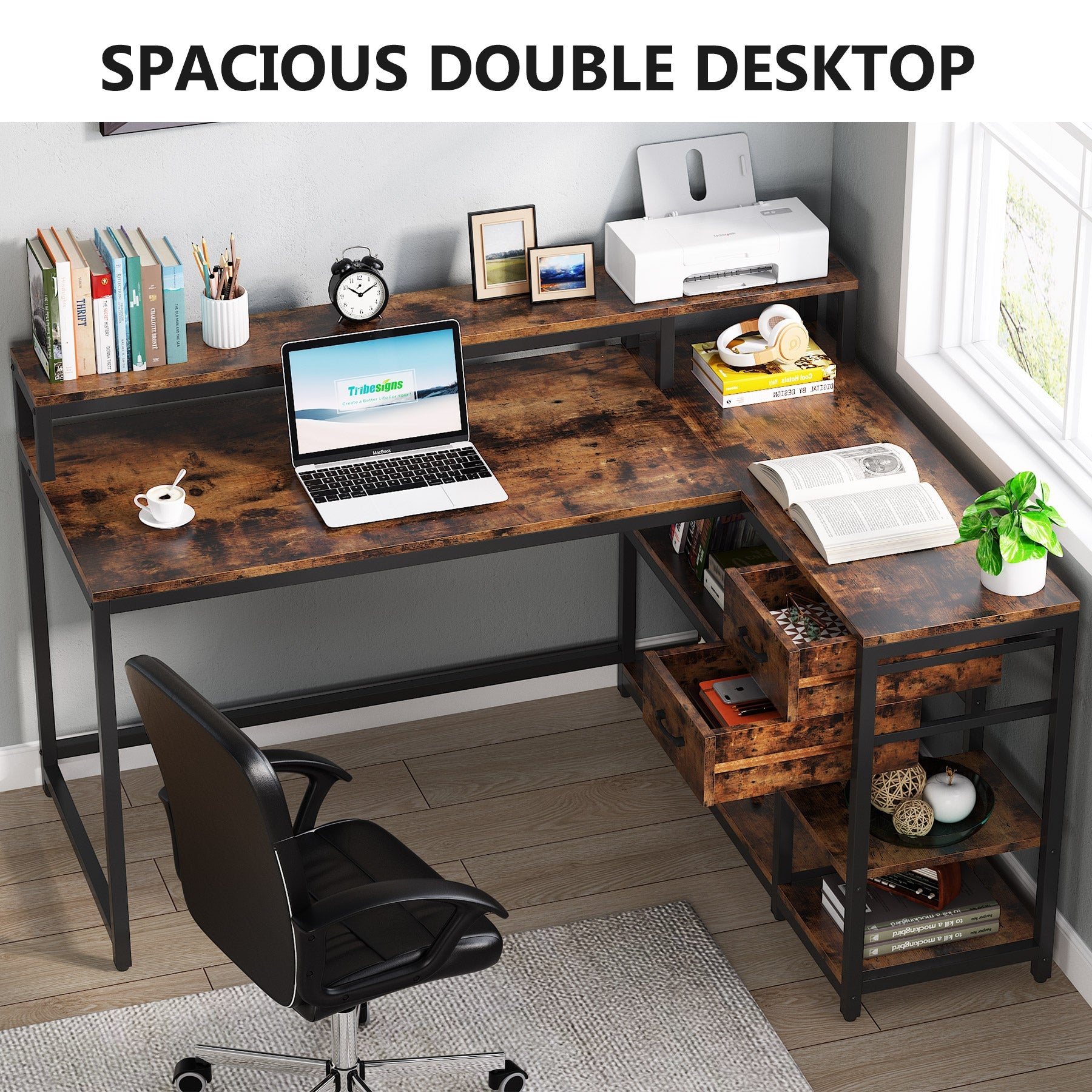 Tribesigns L-Shaped Desk, Industrial Corner Desk with Drawer & Storage Shelves Tribesigns