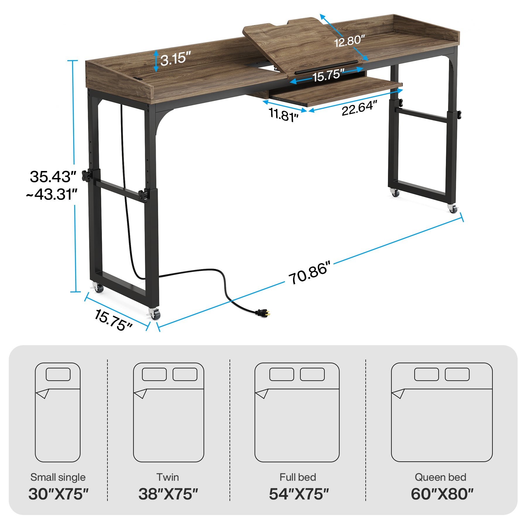 Adjustable Overbed Table with Wheels