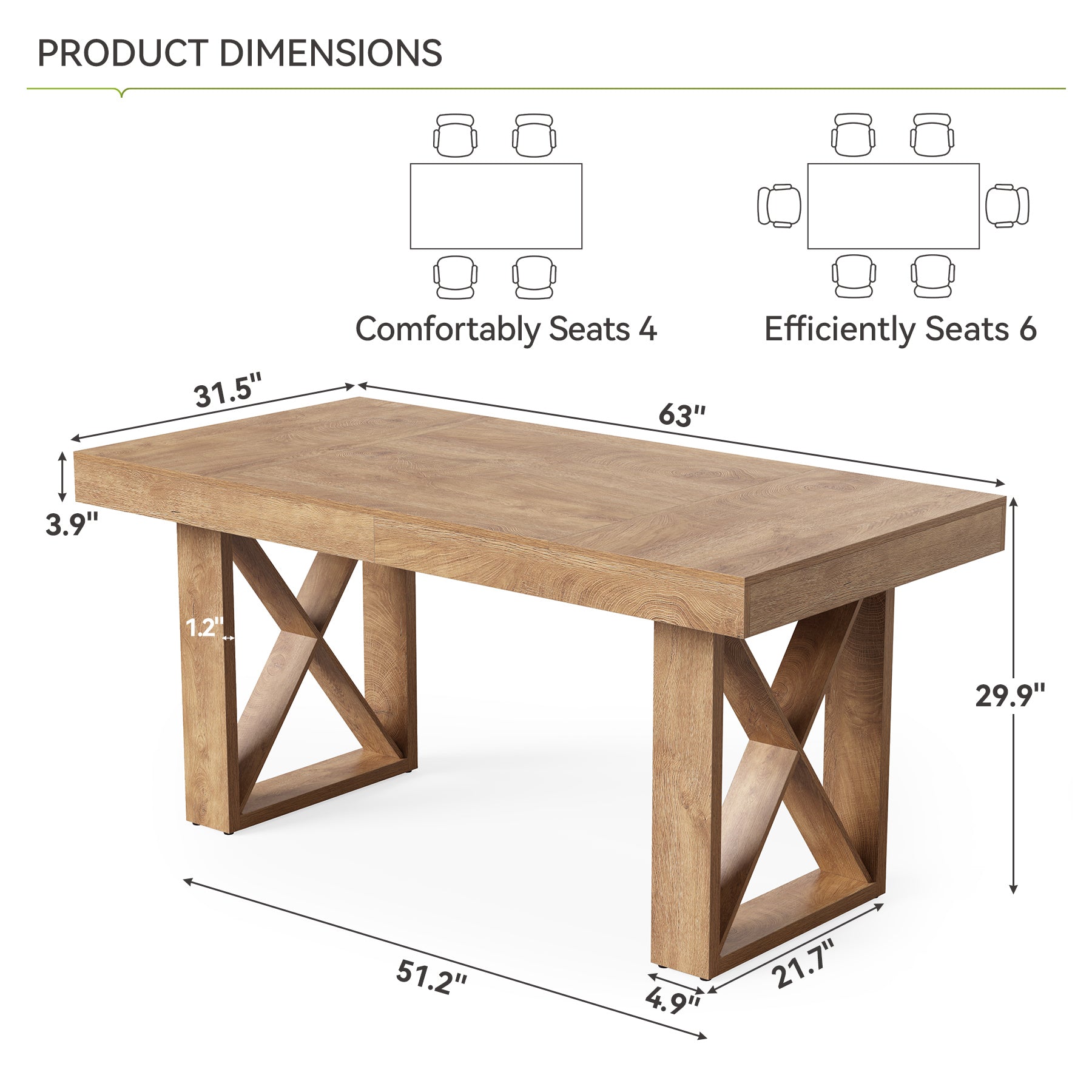 63" Farmhouse  Dining Table Kitchen Table for 4