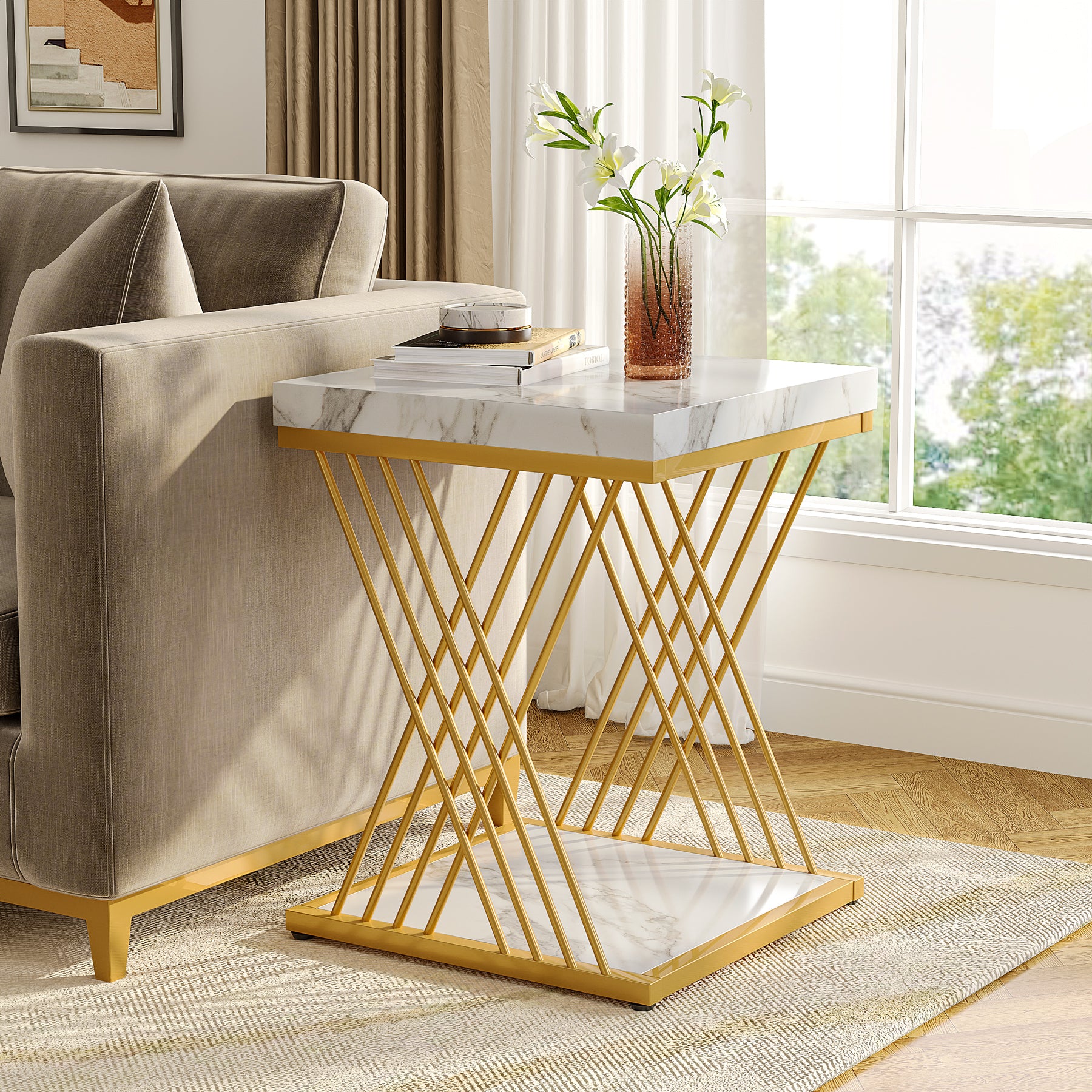 2-Tier Faux Marble End Table