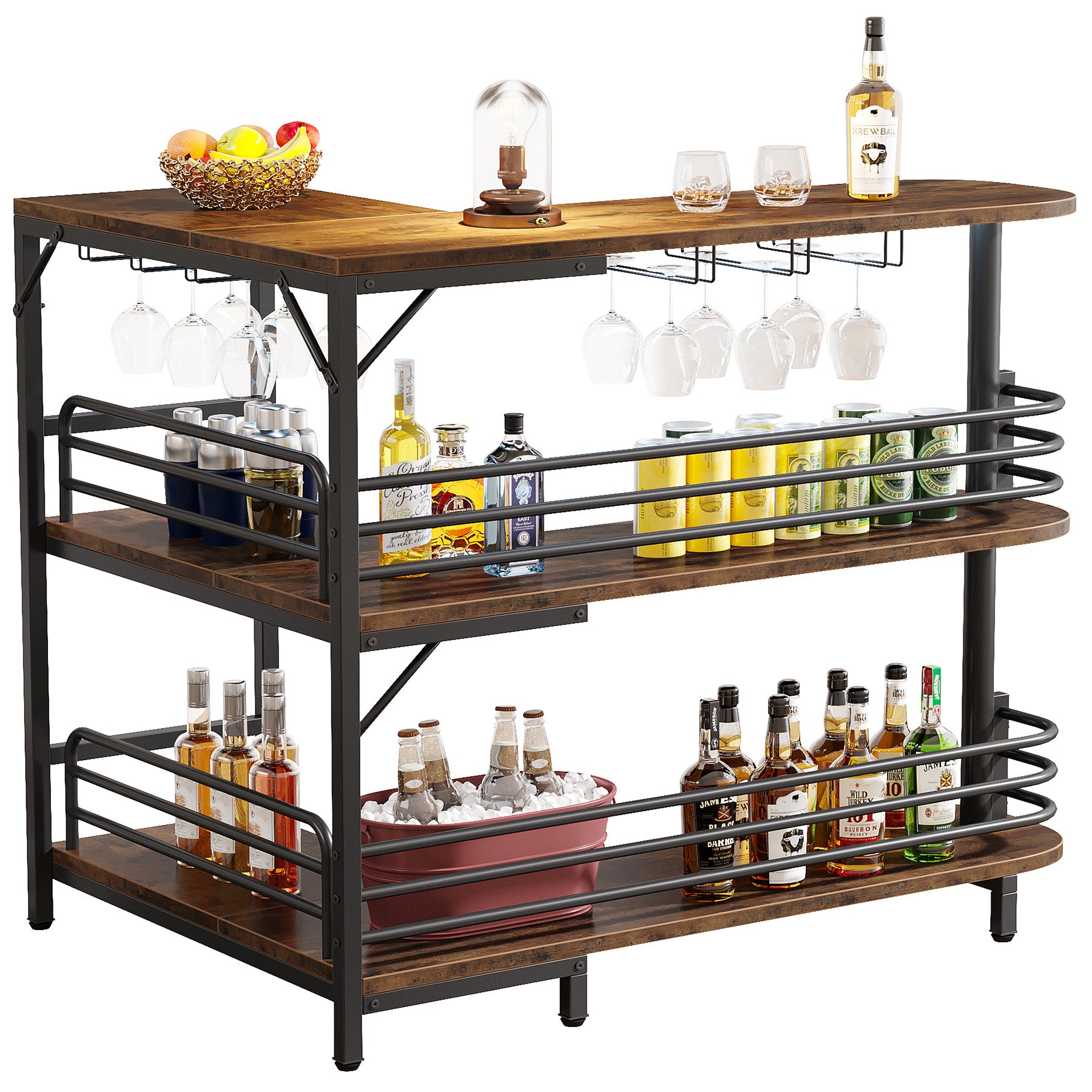 L-Shaped Home Bar Unit, 3 Tier Liquor Bar Table