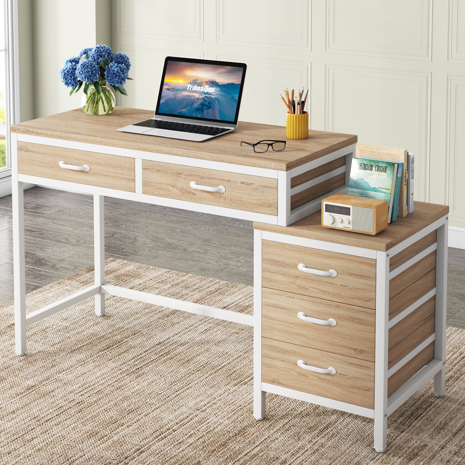 5-Drawer Computer Desk, Study Writing Table with Reversible Drawer Cabinet Tribesigns