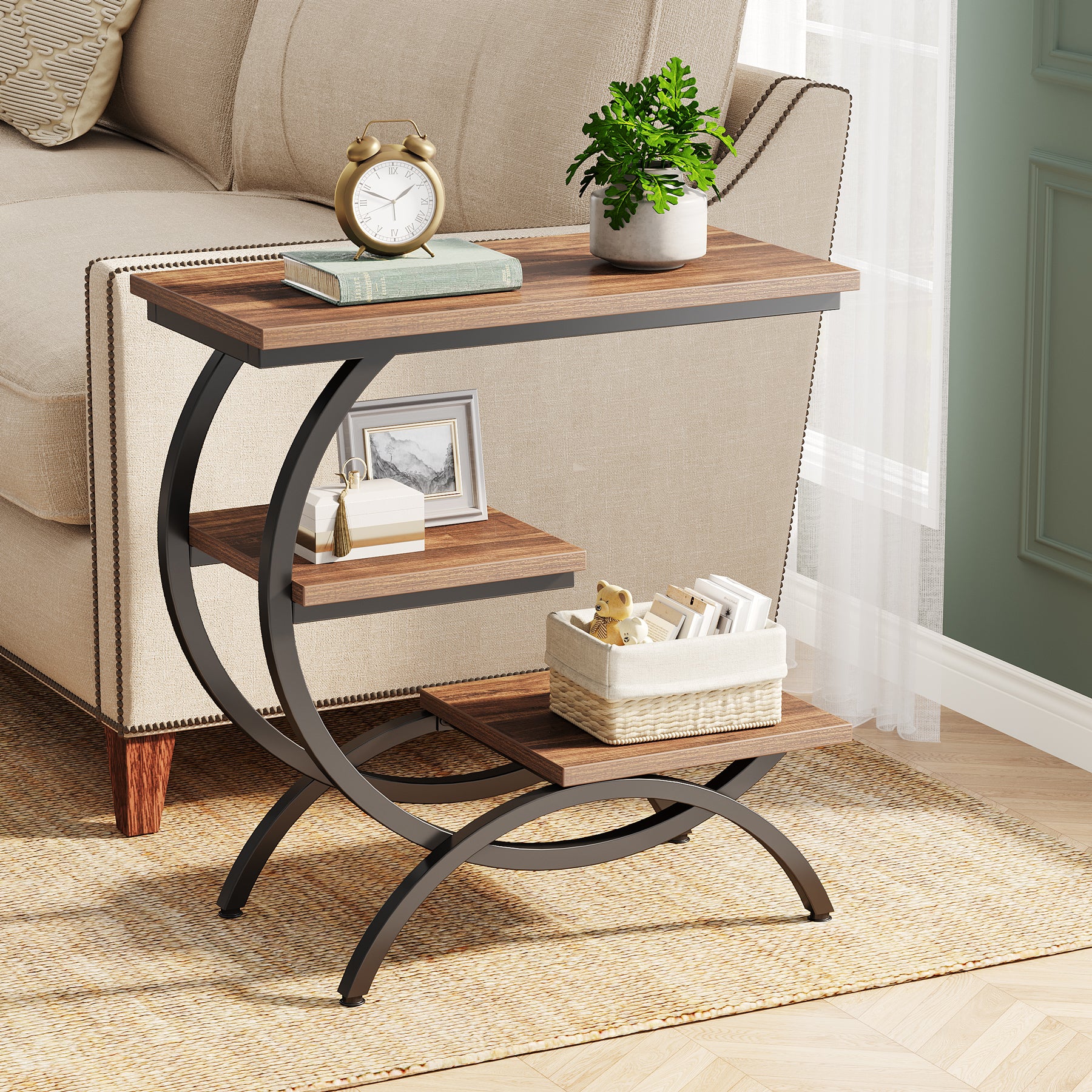 End Table Sofa Side Table with Storage Shelves