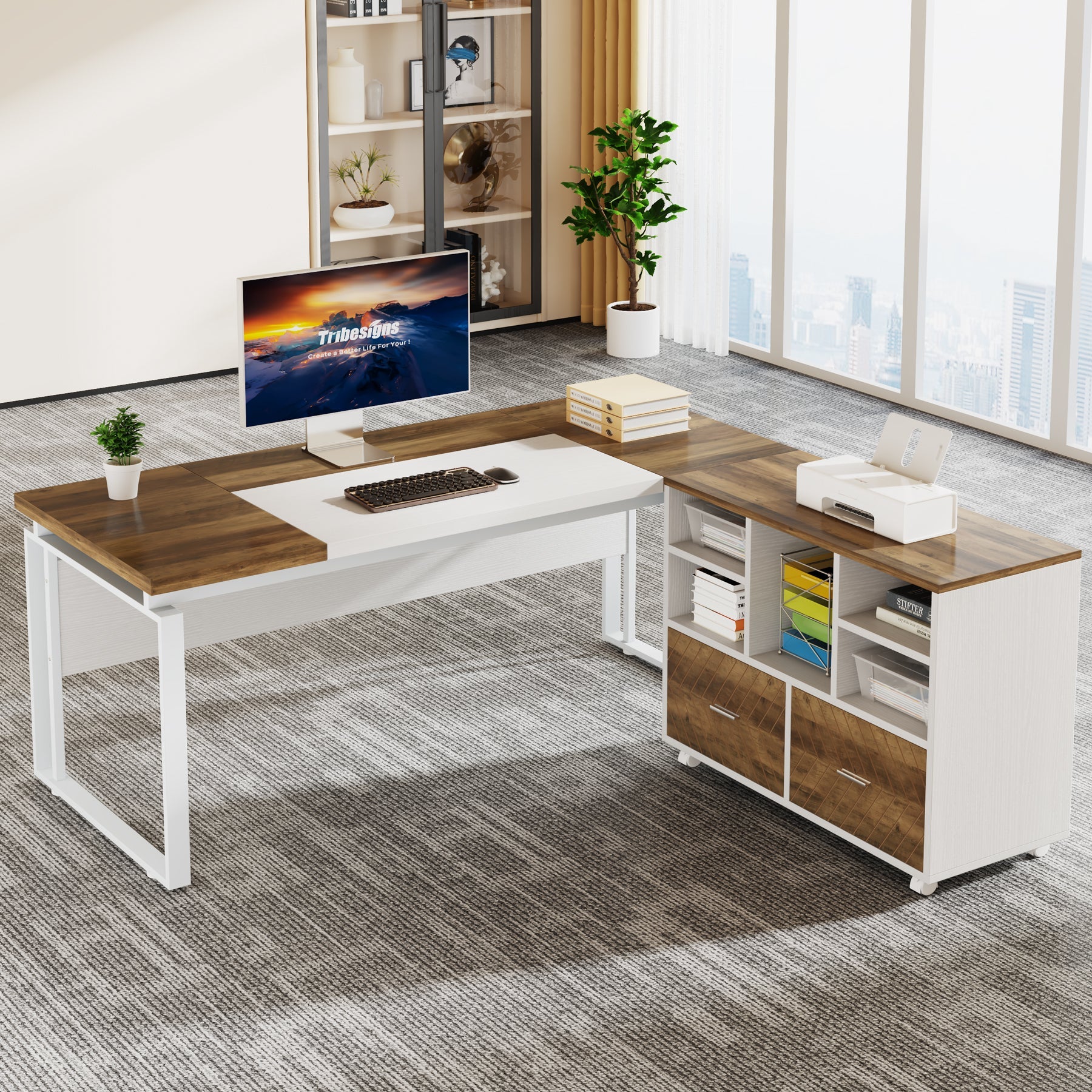 L-Shaped Executive Desk, 63" Computer Desk with Mobile File Cabinet Tribesigns