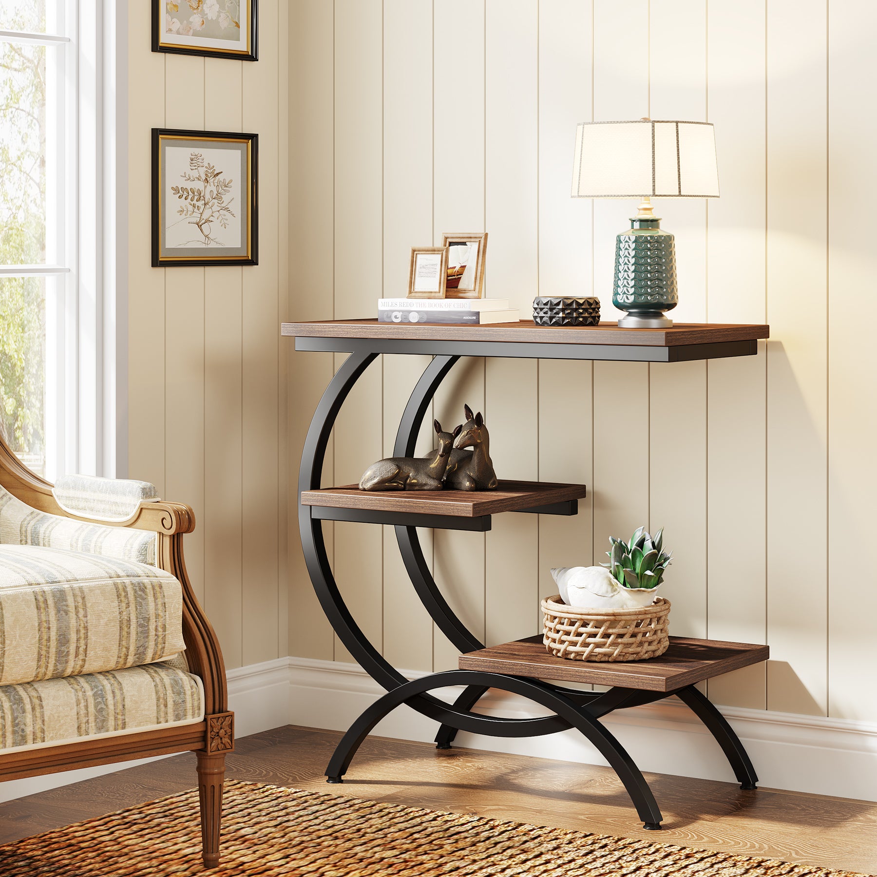 End Table Sofa Side Table with Storage Shelves