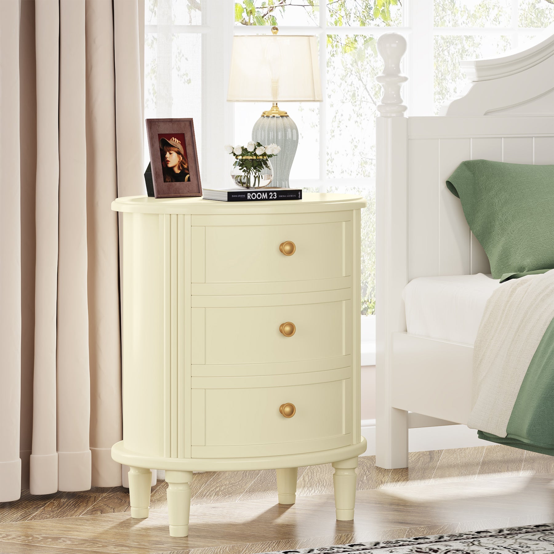 3 Drawers Nightstand with Solid Wood Legs