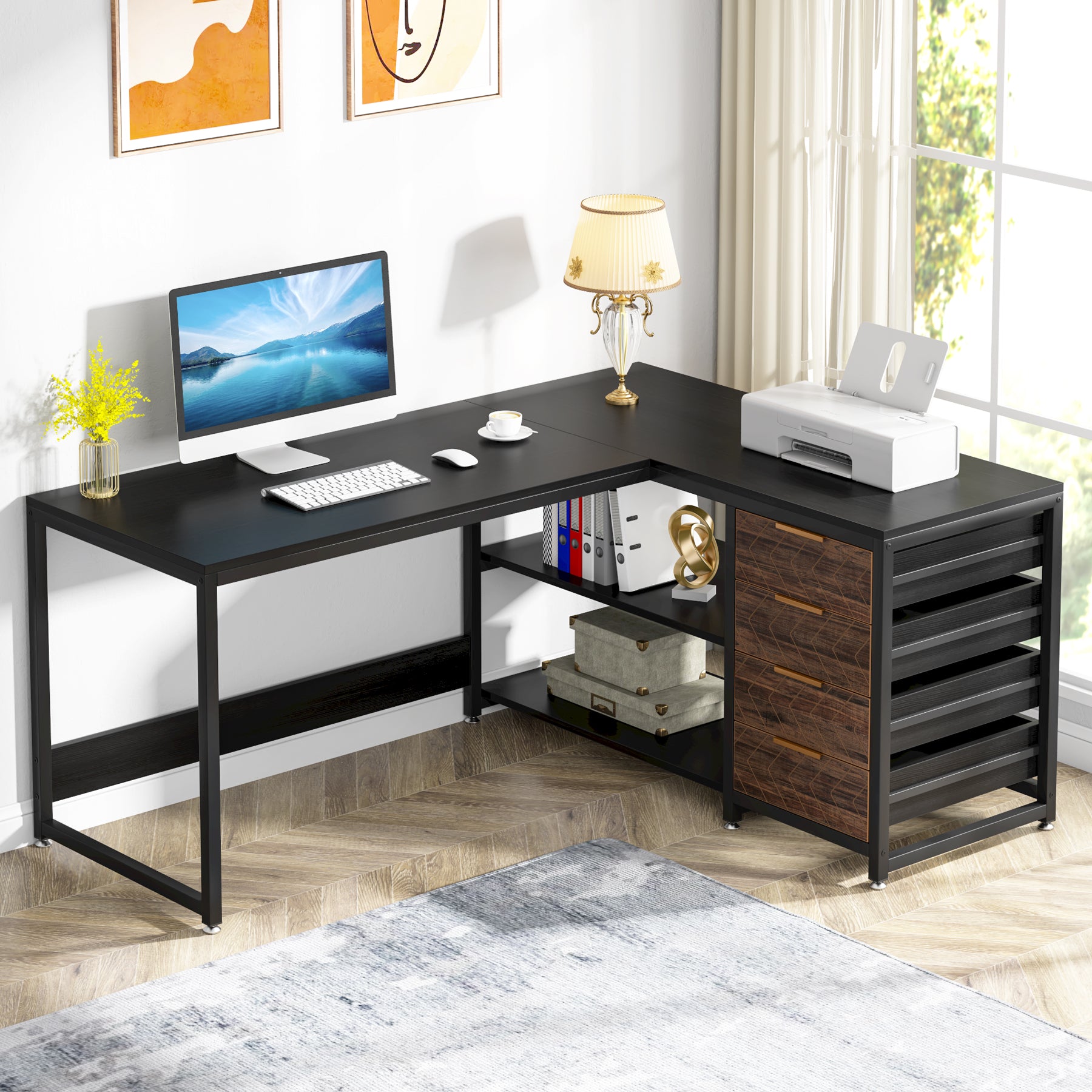 59" Reversible L-Shaped Desk with Drawers