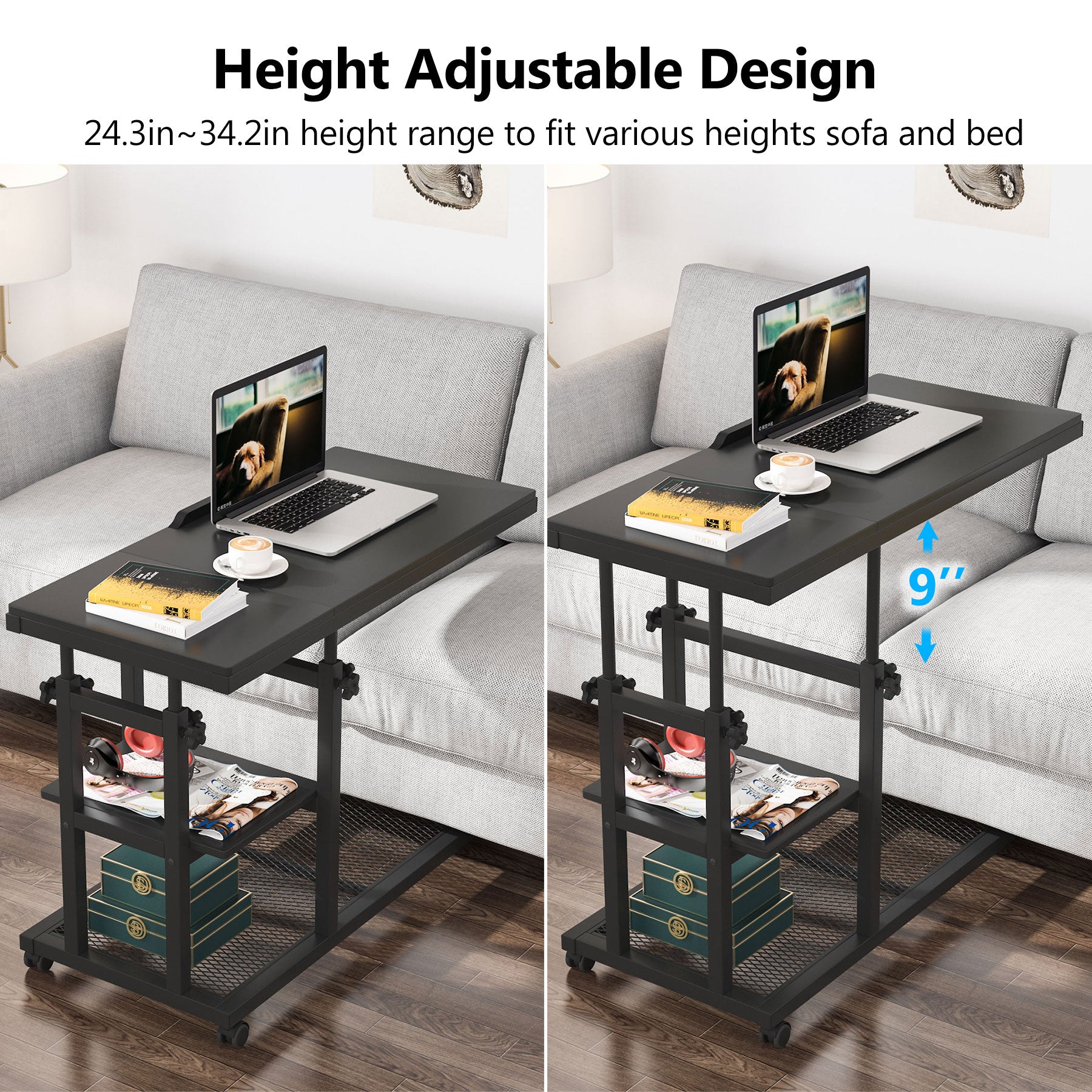 Height Adjustable C Side Table with Rolling Wheels