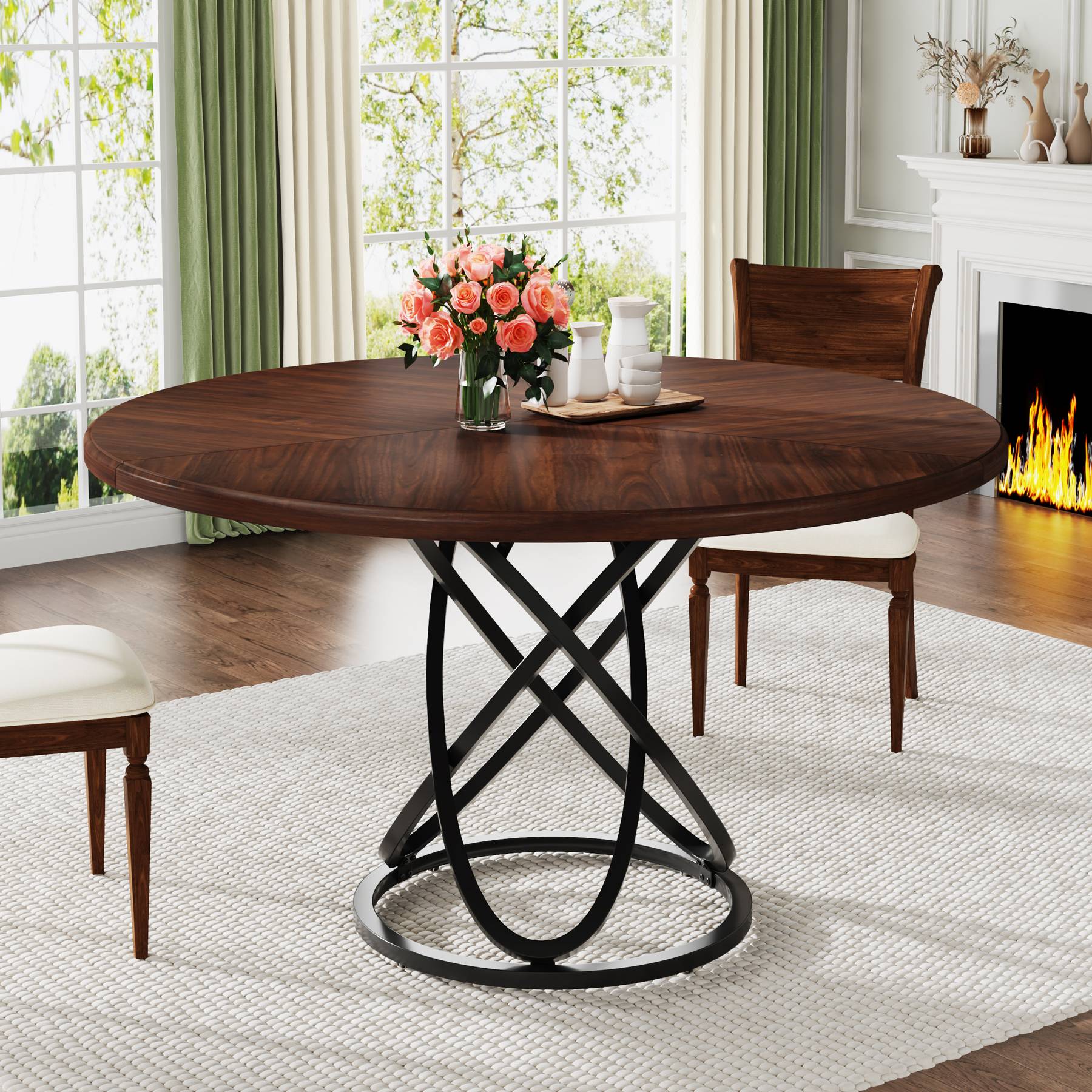47" Round Dining Table, Dinner Kitchen Table with Metal Base Tribesigns