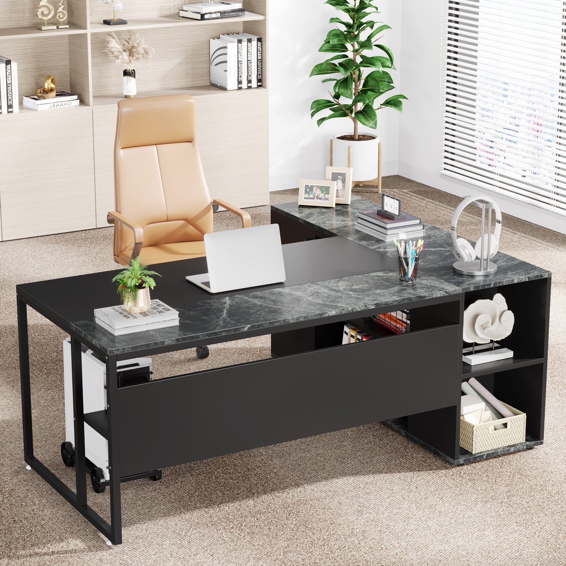 71" Executive L Shaped Computer Desk with Cabinet