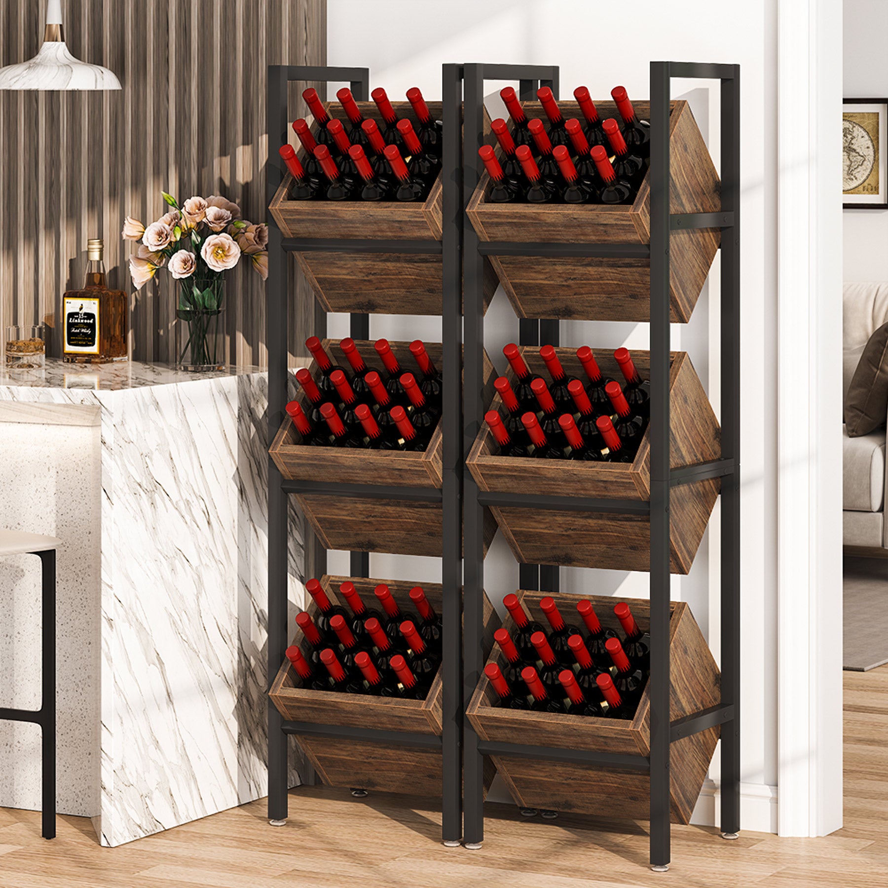 3 Tier Wine Rack Wood Basket Stand