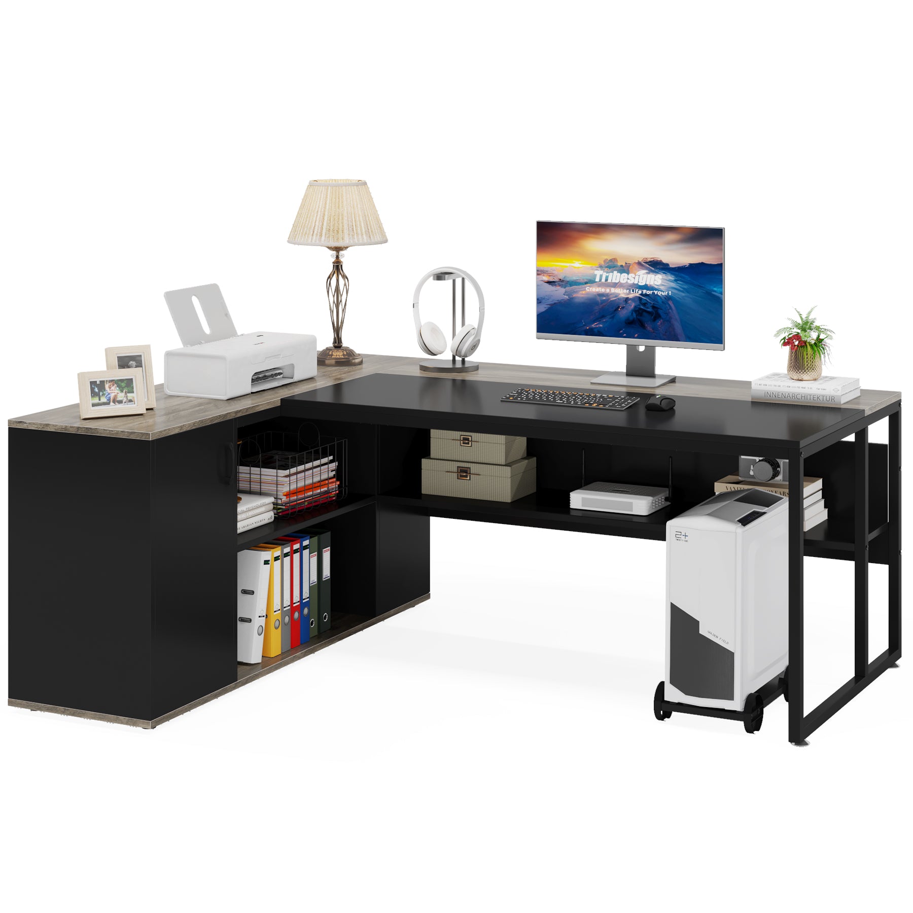 71" Executive L Shaped Computer Desk with Cabinet