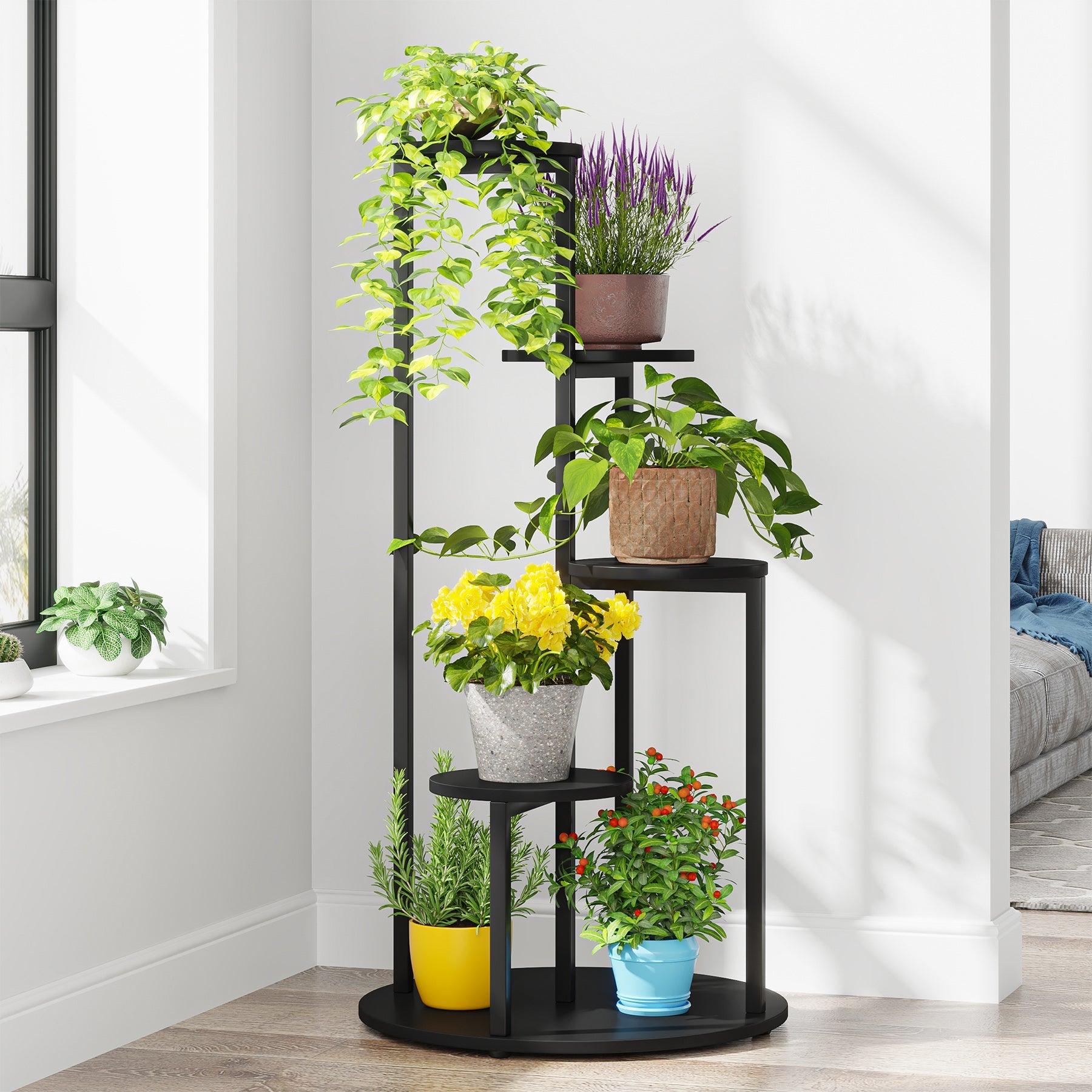 LITTLE TREE 5-Tier Corner Plant Stand, Free Standing Wood Metal Flower Rack Pot Shelf Display with Round Board, Garden Patio Balcony Plant Holder