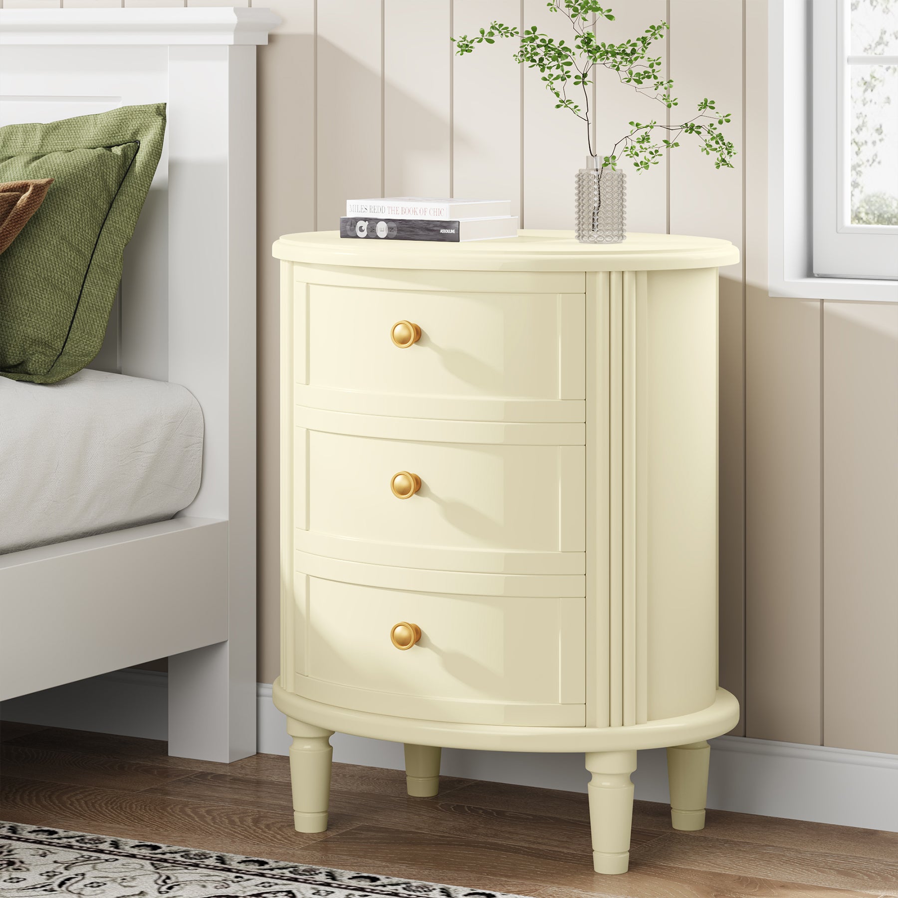 3 Drawers Nightstand with Solid Wood Legs