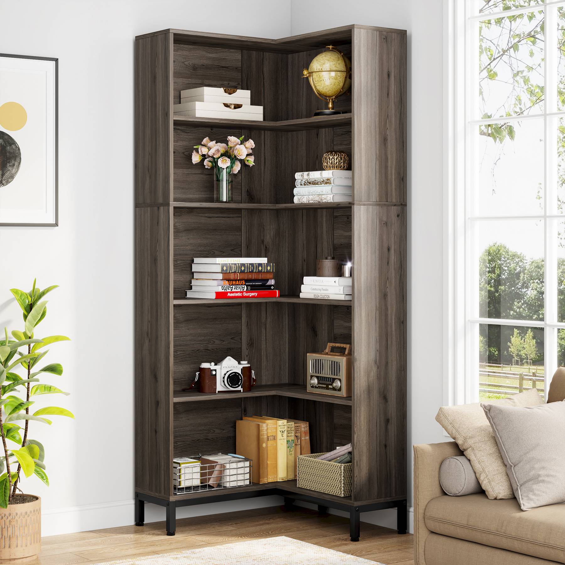 6-Tier Corner Bookcase, 71 inch L-Shaped Etagere Bookshelf Tribesigns
