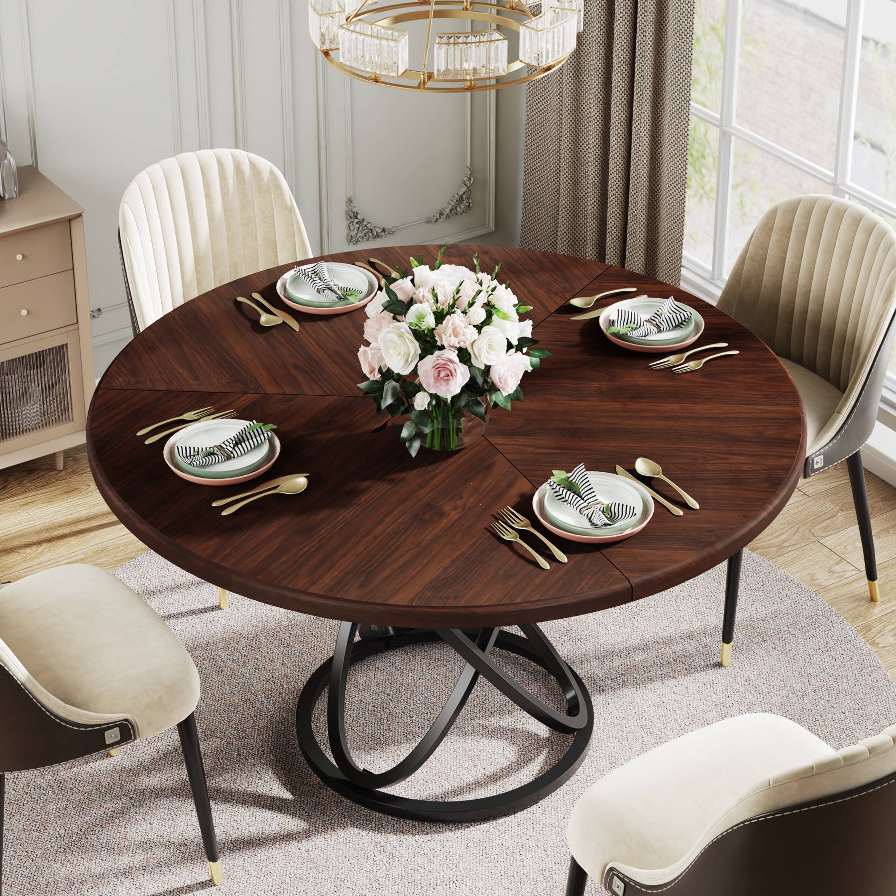 47" Round Dining Table, Dinner Kitchen Table with Metal Base Tribesigns