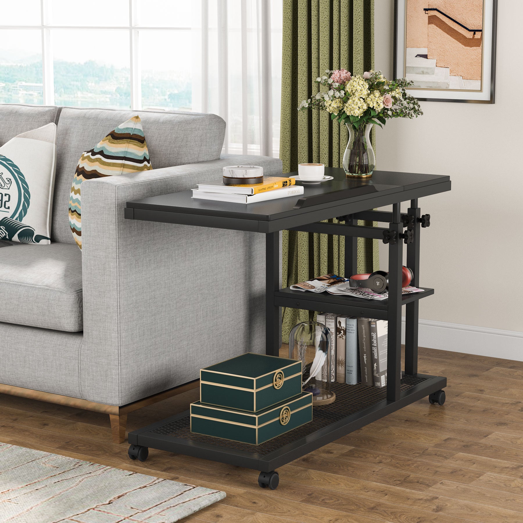 Height Adjustable C Side Table with Rolling Wheels