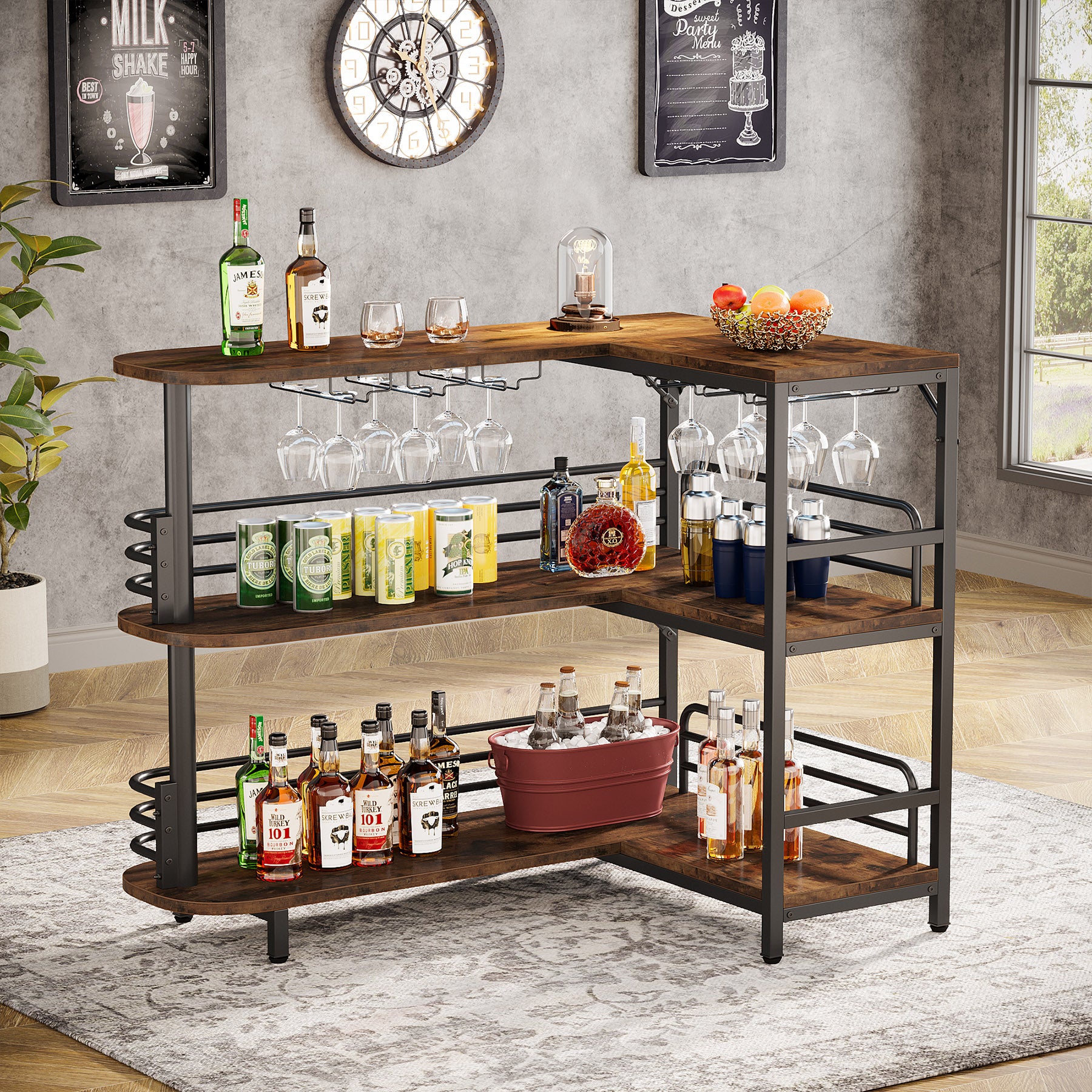 L-Shaped Home Bar Unit, 3 Tier Liquor Bar Table
