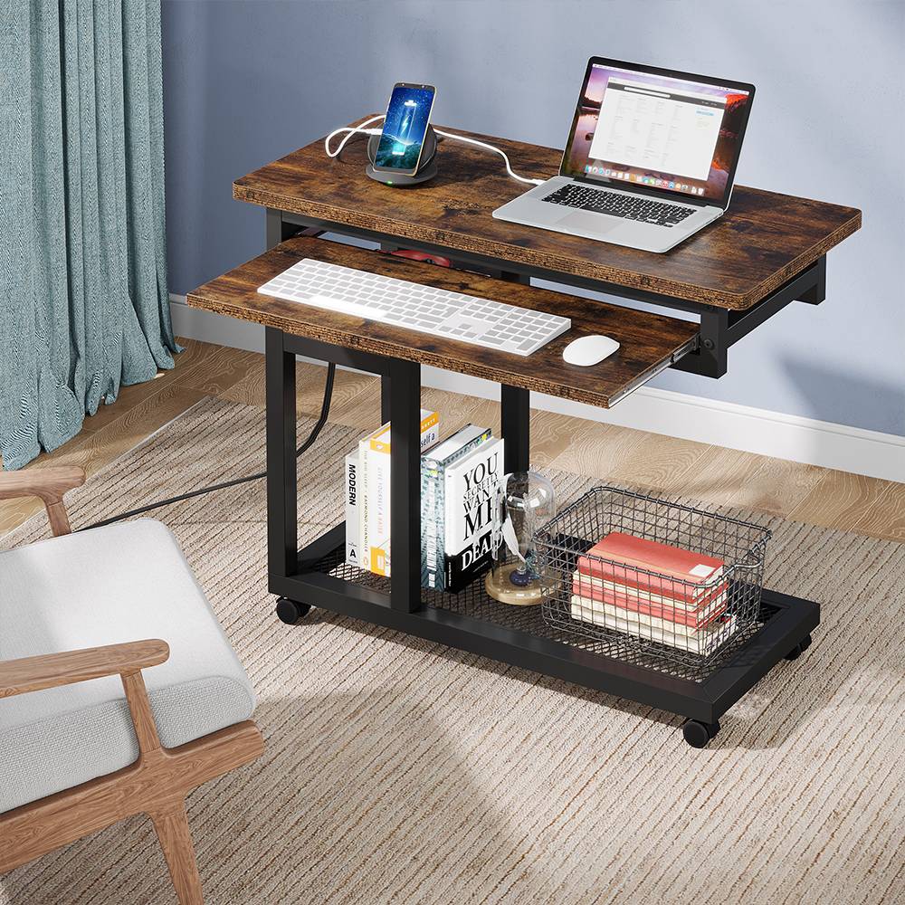 C Table, Mobile Portable Desk Side Table with Power Outlet Tribesigns