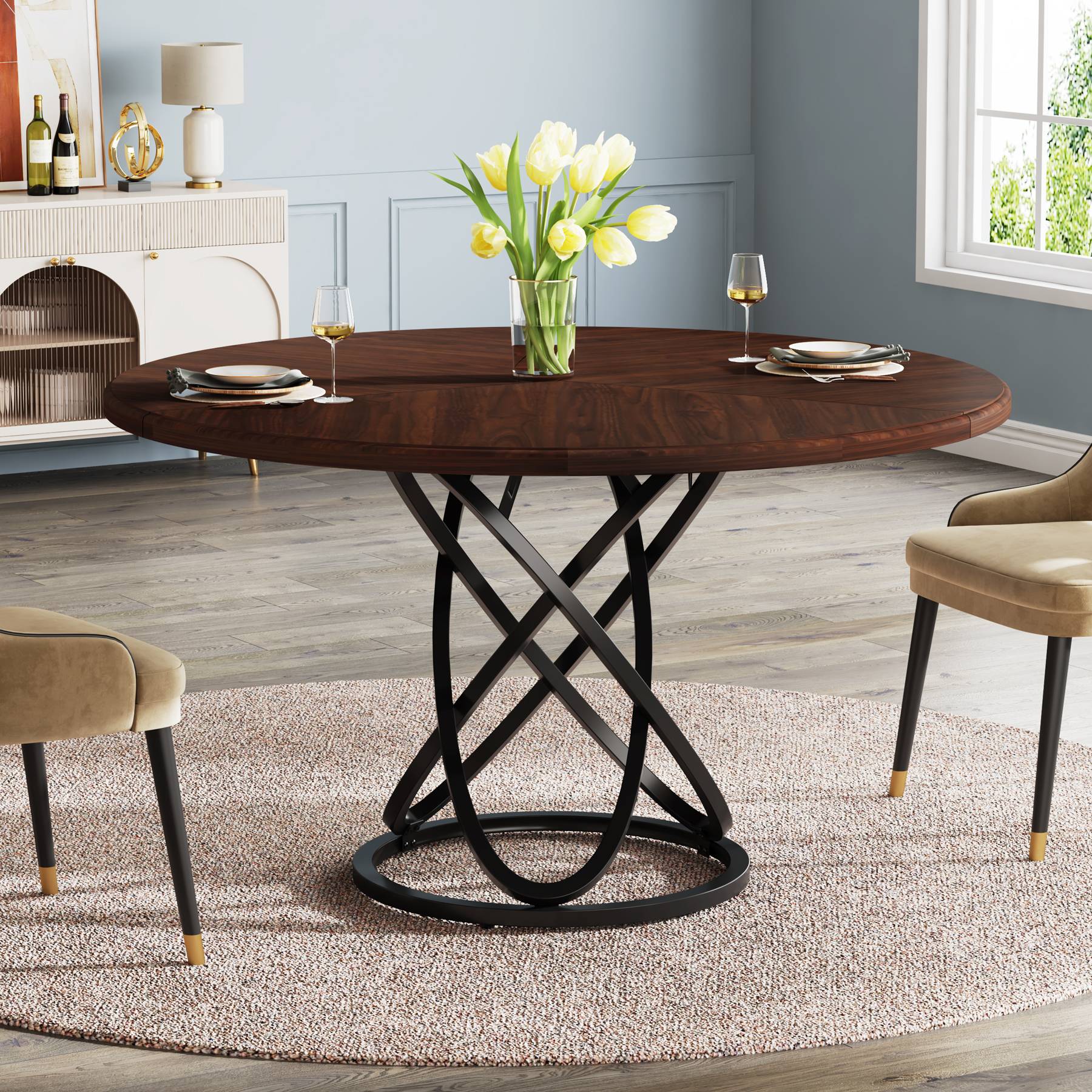 47" Round Dining Table, Dinner Kitchen Table with Metal Base Tribesigns