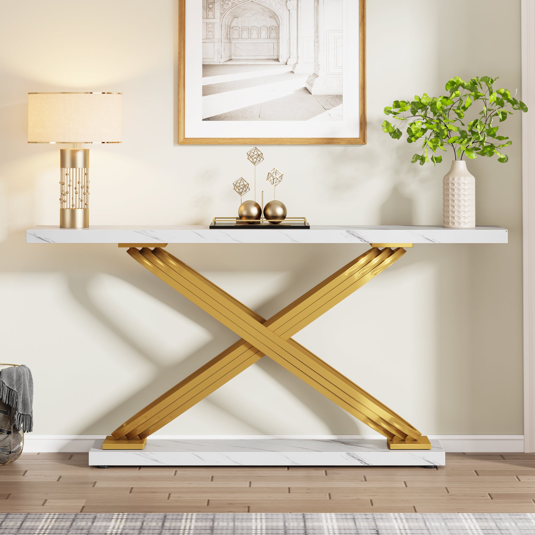 55" Console Table Faux Marble Entryway Table