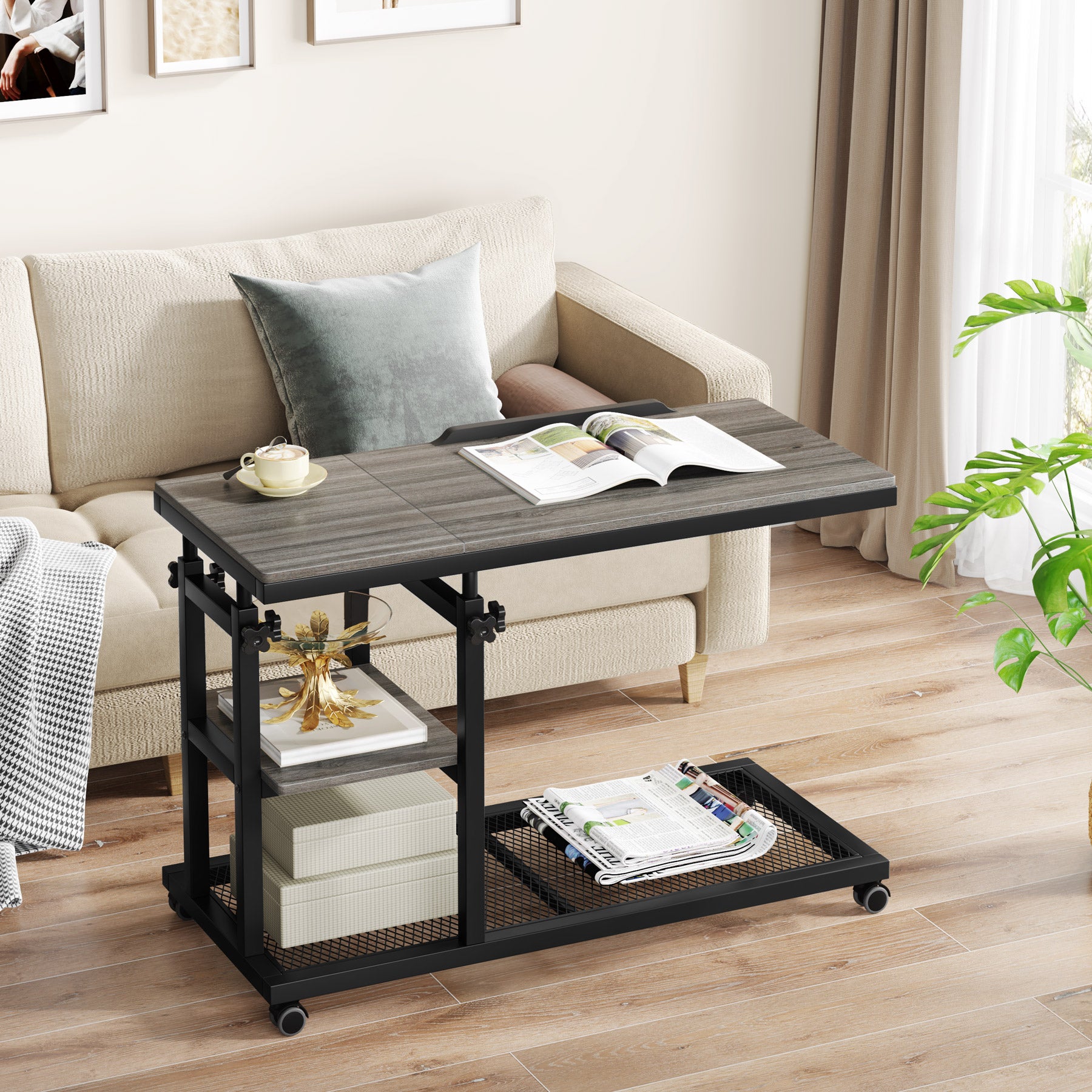 Height Adjustable C Side Table with Rolling Wheels