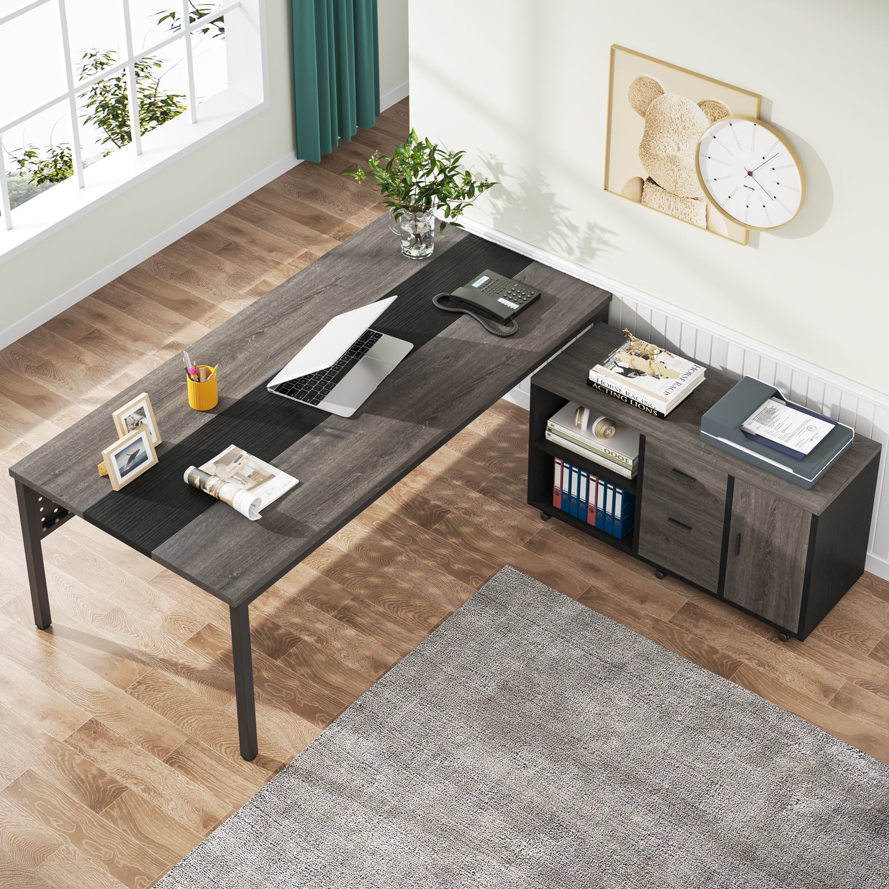 L-Shaped Desk, 71" Executive Desk with 47" Mobile File Cabinet Tribesigns