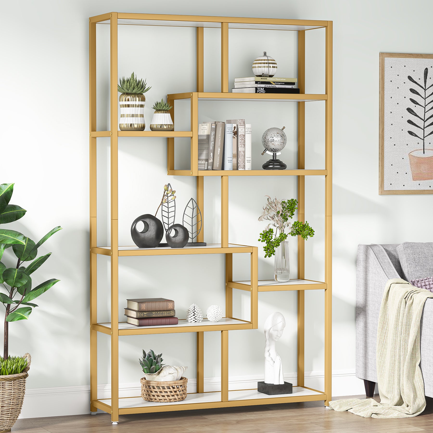 Modern Bookshelf, 8-Open Shelf Etagere Bookcase