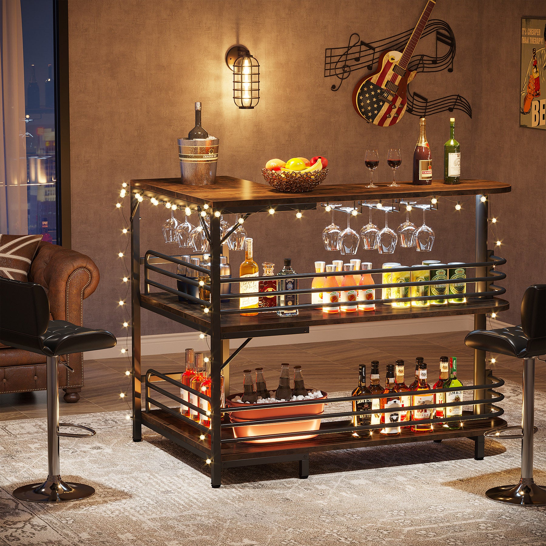 L-Shaped Home Bar Unit, 3 Tier Liquor Bar Table