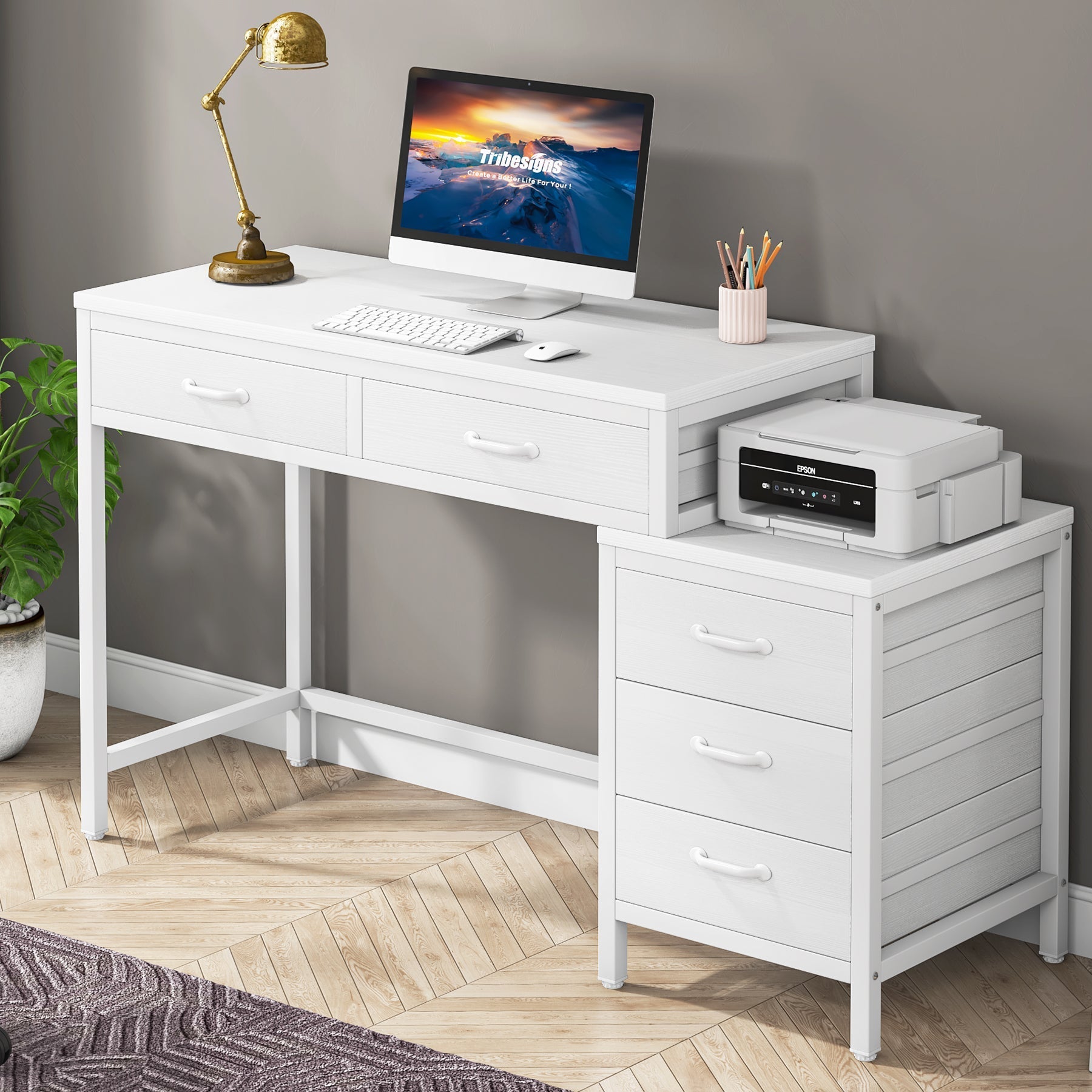 5-Drawer Computer Desk, Study Writing Table with Reversible Drawer Cabinet Tribesigns