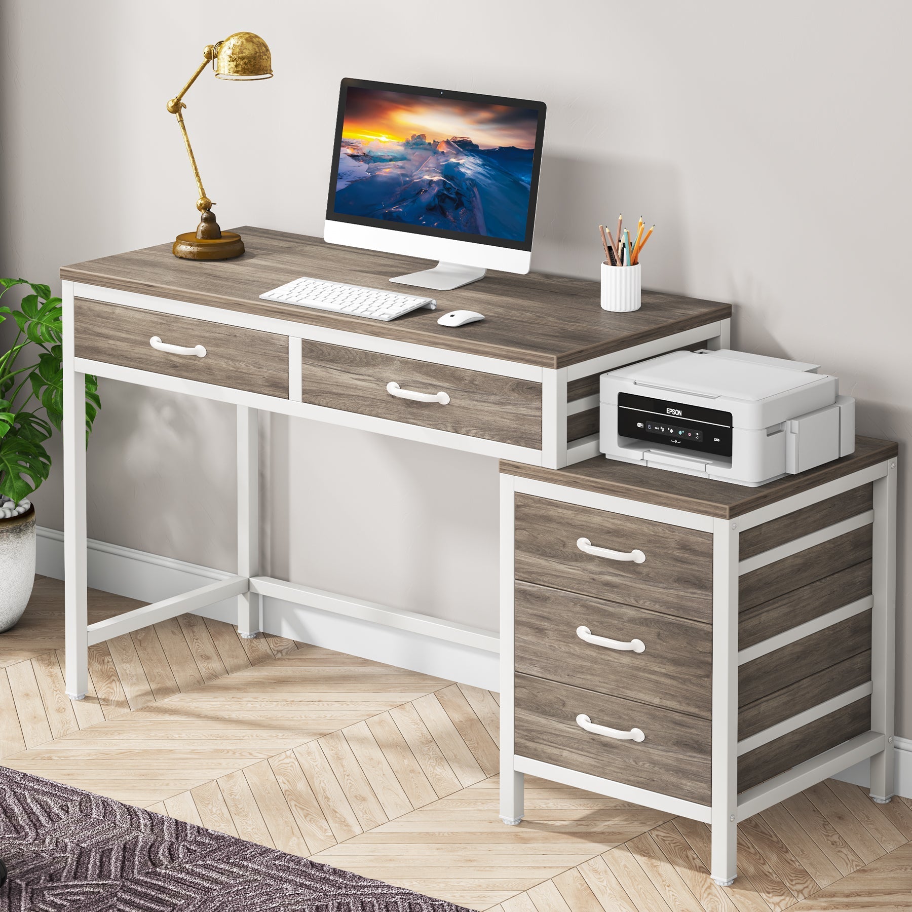 5-Drawer Computer Desk, Study Writing Table with Reversible Drawer Cabinet Tribesigns