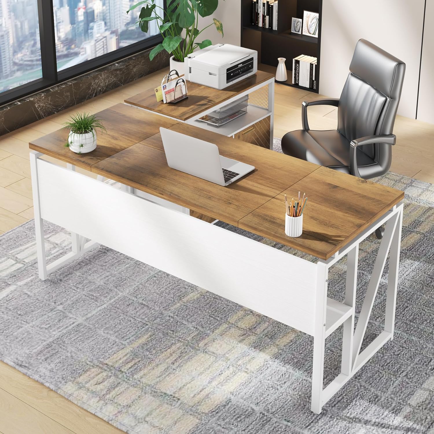 55" / 63" L-Shaped Executive Desk with Storage Shelves and Mobile File Cabinet Tribesigns