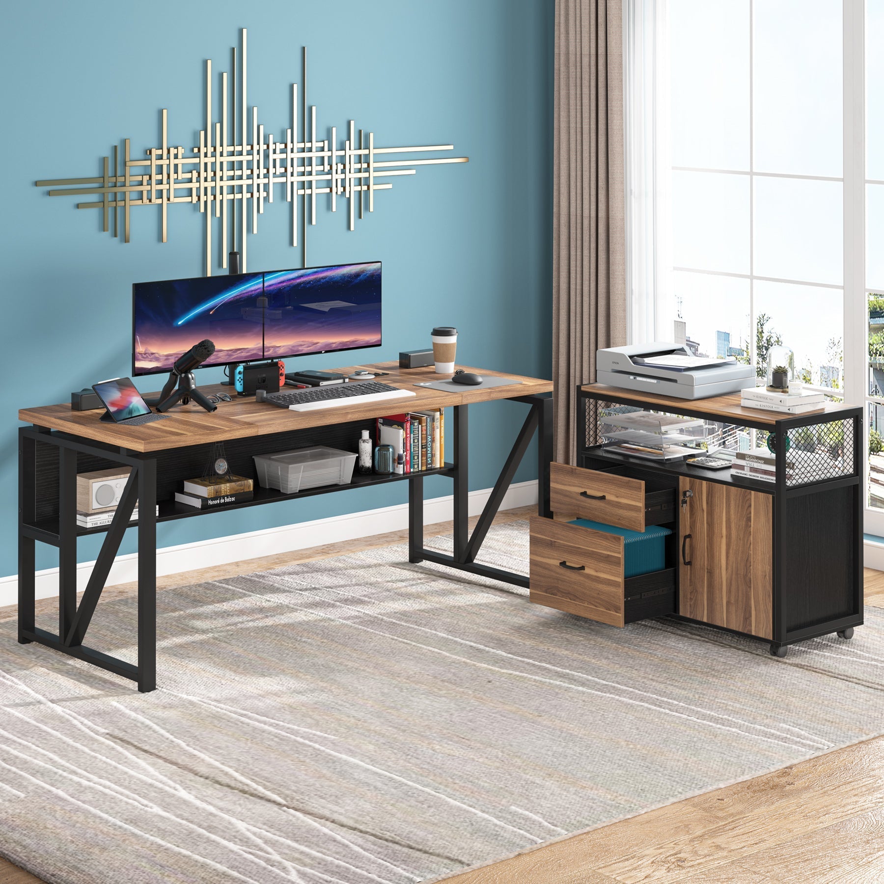 55" / 63" L-Shaped Executive Desk with Storage Shelves and Mobile File Cabinet Tribesigns