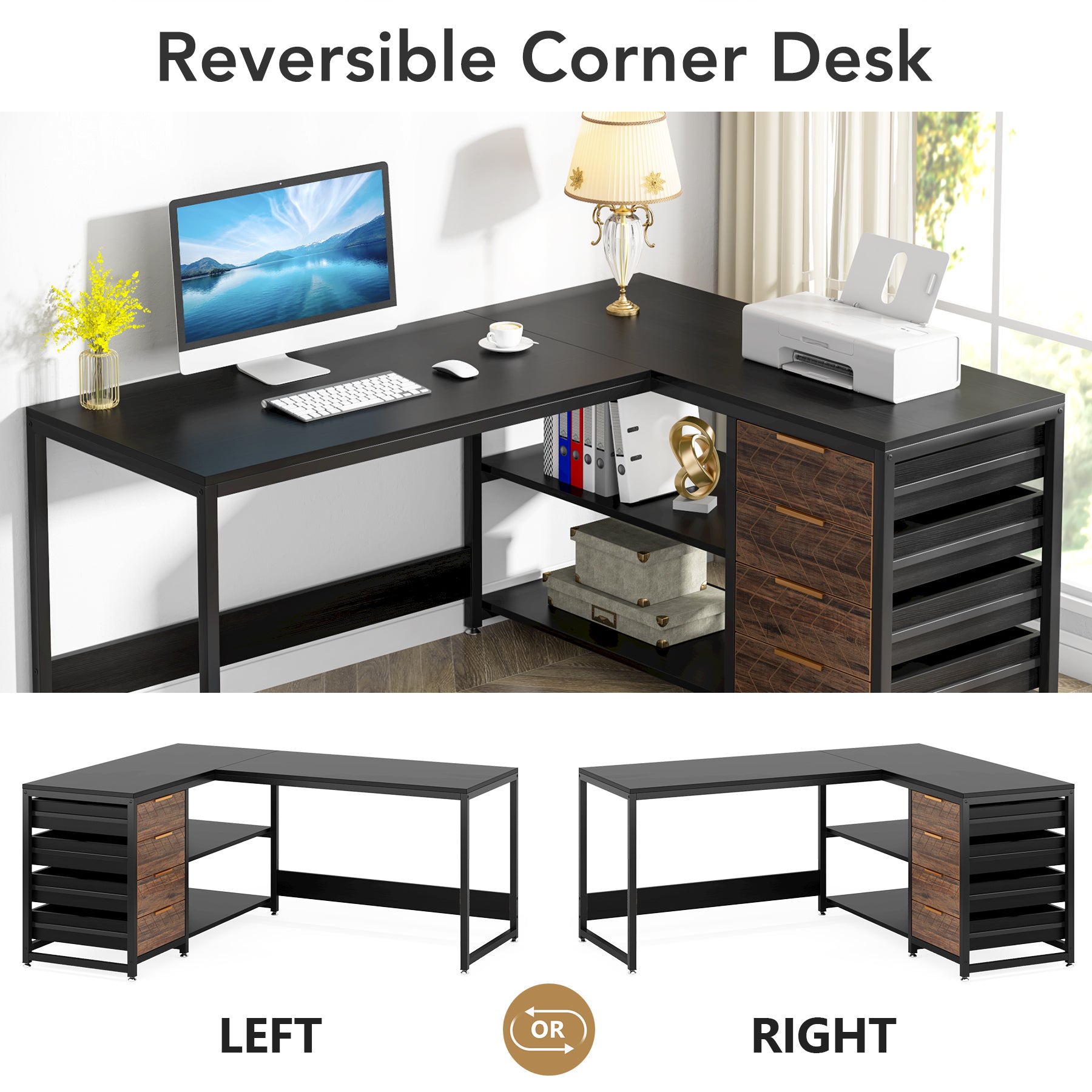 59" Reversible L-Shaped Desk with Drawers