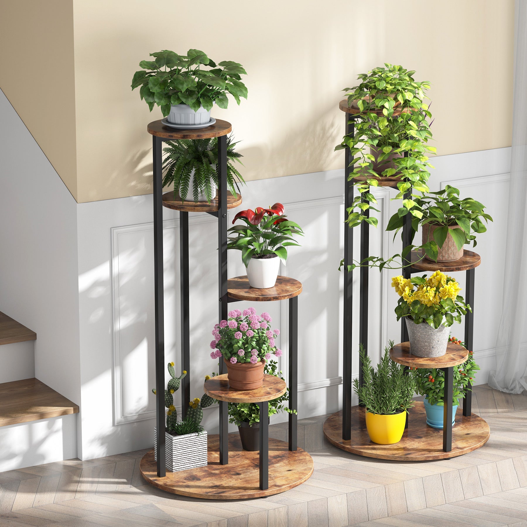 small plant pot stand LITTLE TREE 5-Tier Corner Plant Stand, Free Standing Wood Metal Flower Rack Pot Shelf Display with Round Board, Garden Patio Balcony Plant Holder