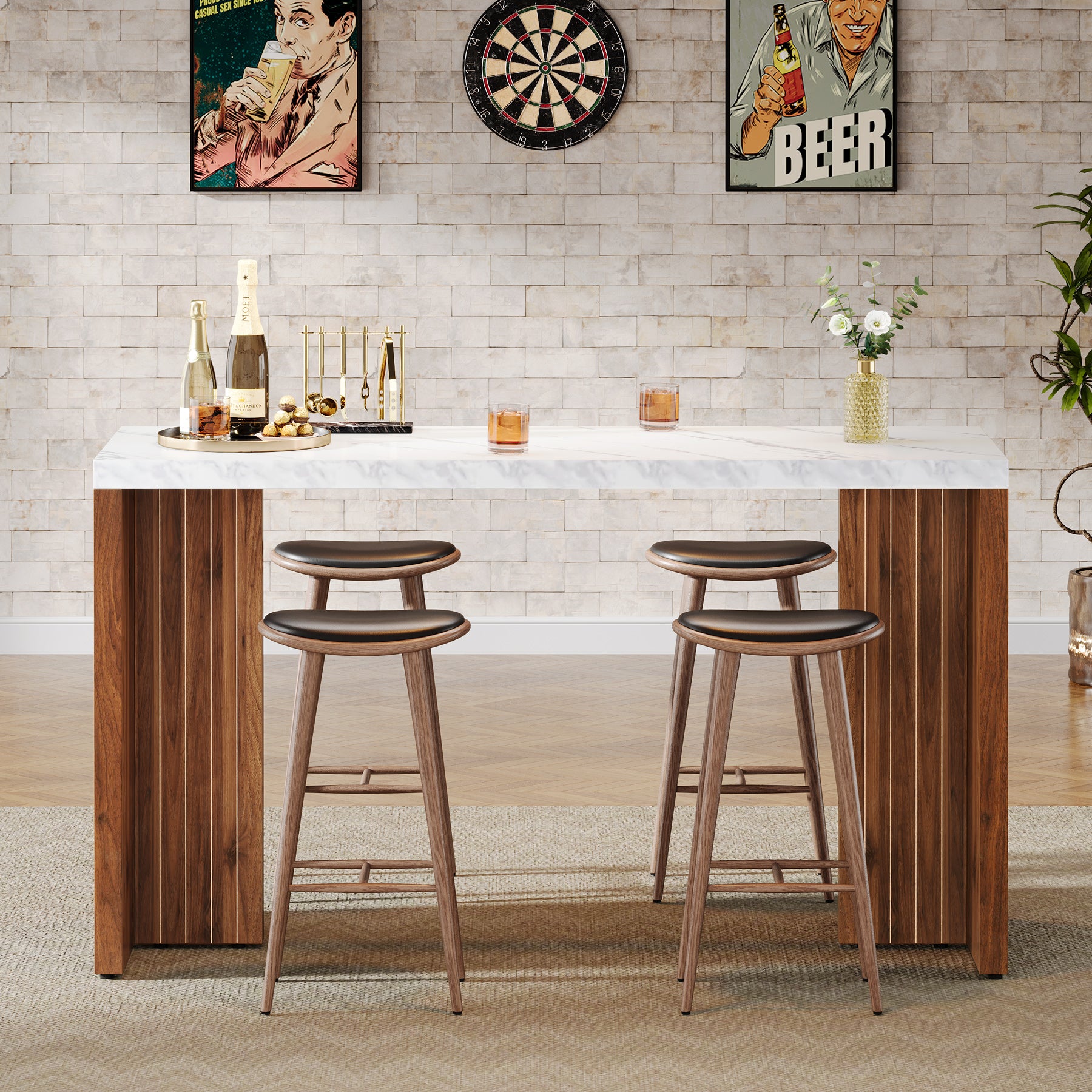 55" Home Bar Table with a Faux Marble Finished Tabletop