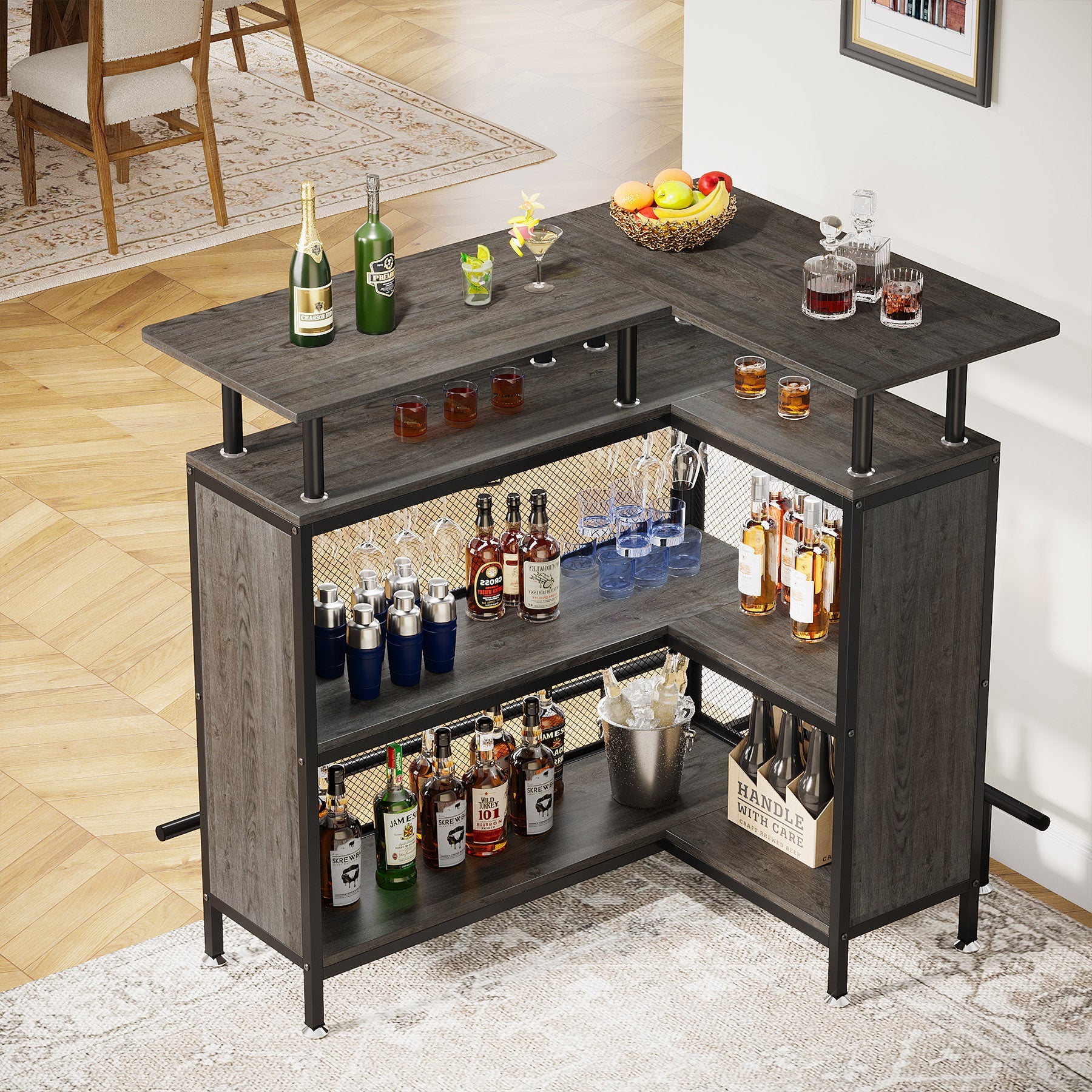 Home Bar Unit, L-Shaped Liquor Bar Table with Glasses Holders & Shelves Tribesigns