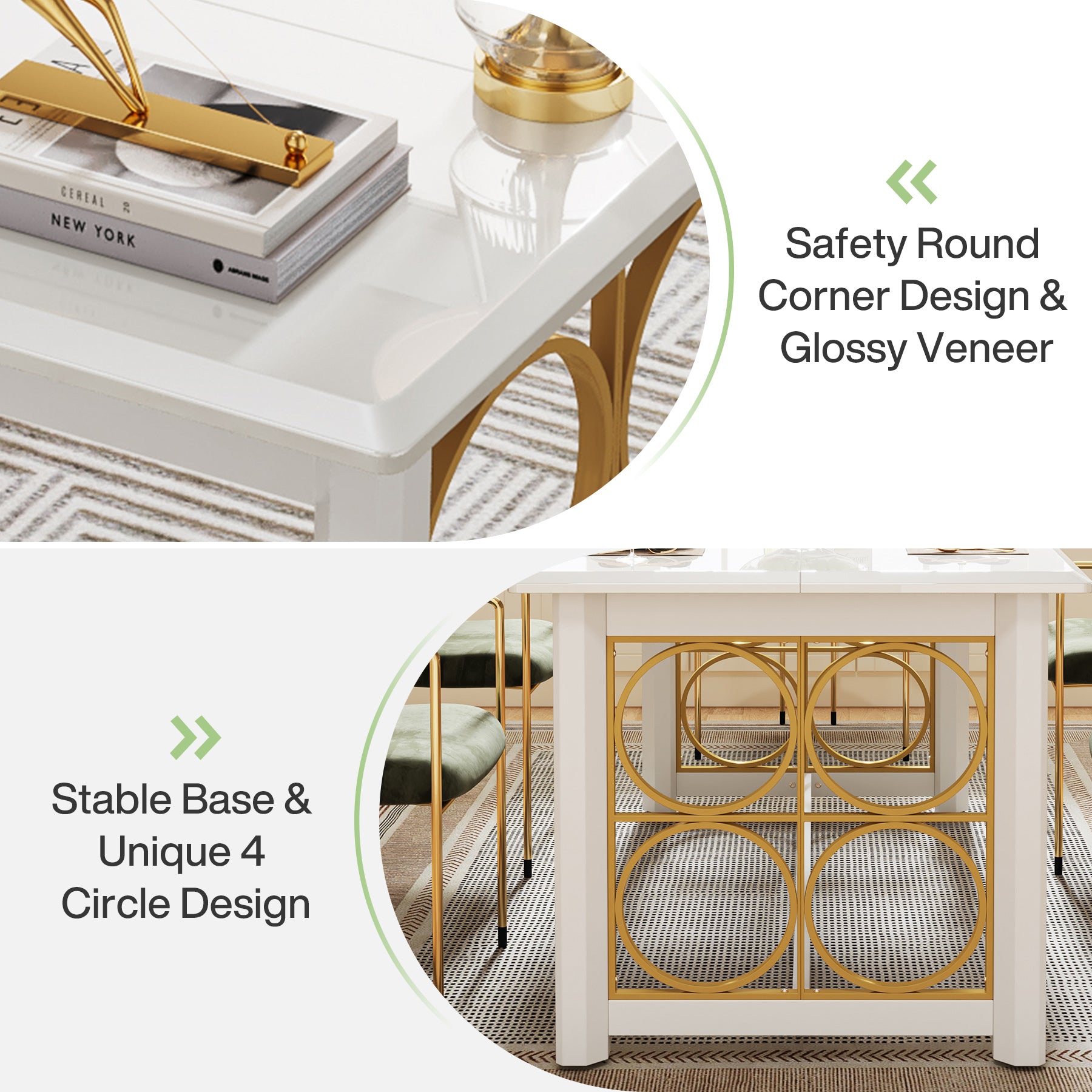 63” Dining Table with Gold Metal & Glossy Surface for 4-6 People Tribesigns