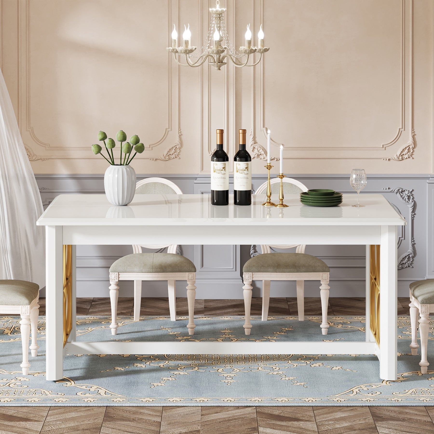 63” Dining Table with Gold Metal & Glossy Surface for 4-6 People Tribesigns