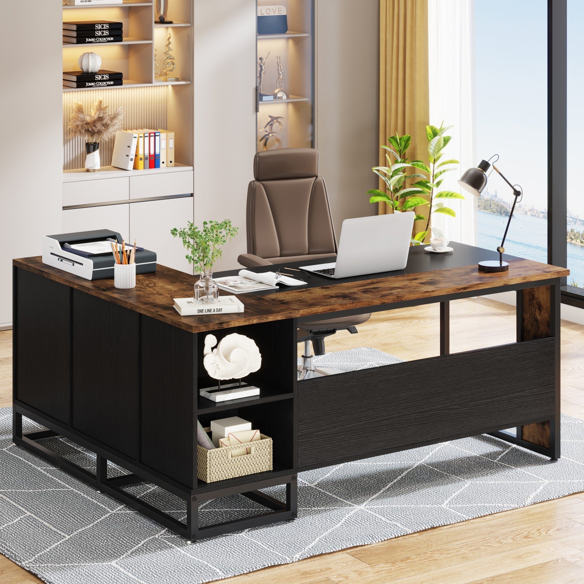 63" L-Shaped Desk, Large Executive Business Desk with Drawers and Shelves Tribesigns