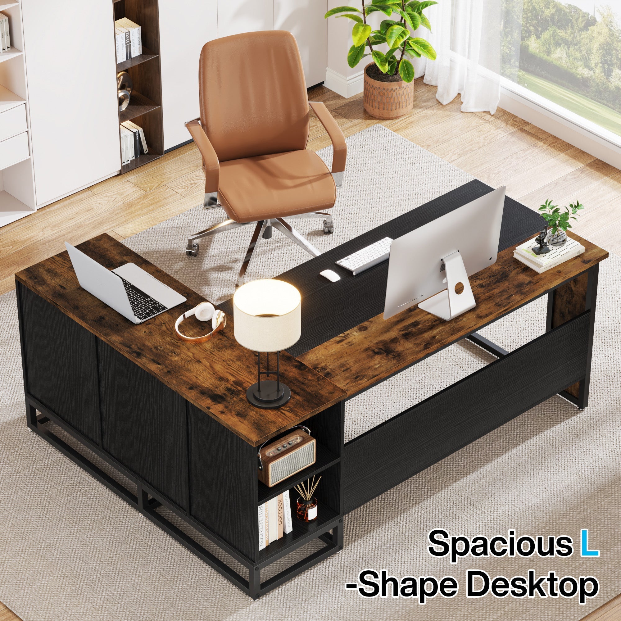 63" L-Shaped Desk, Large Executive Business Desk with Drawers and Shelves Tribesigns