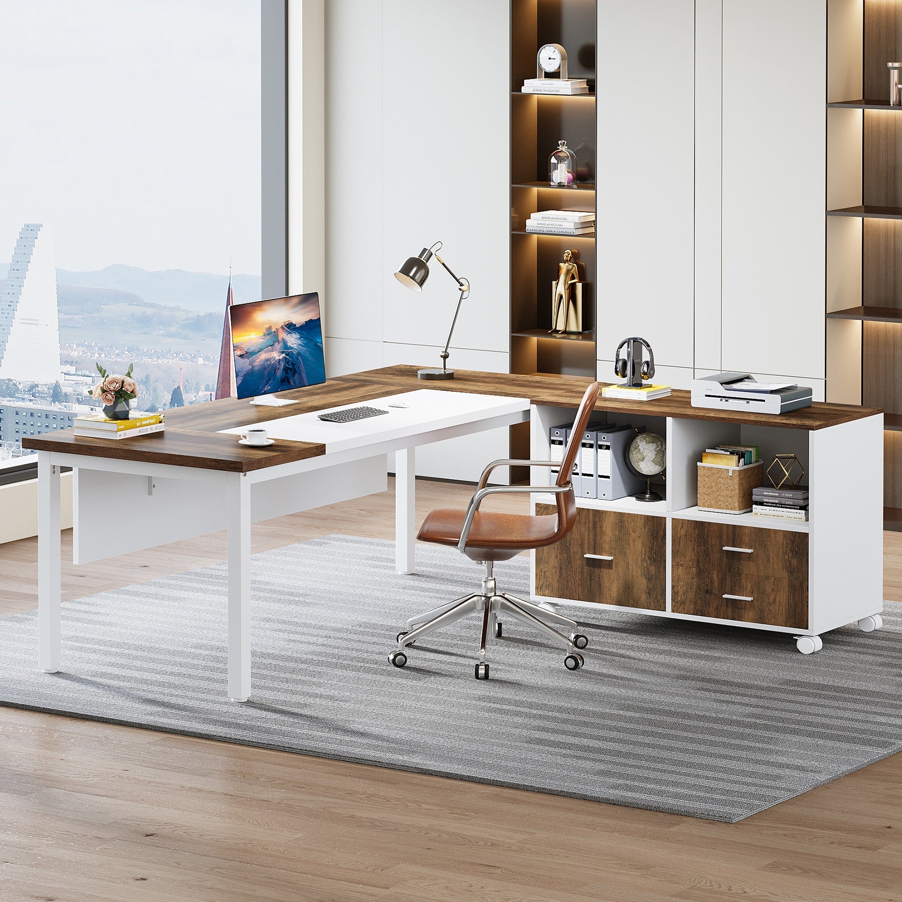 63" L-Shaped Desk, Modern Executive Computer Desk with 37" Mobile File Cabinet Tribesigns