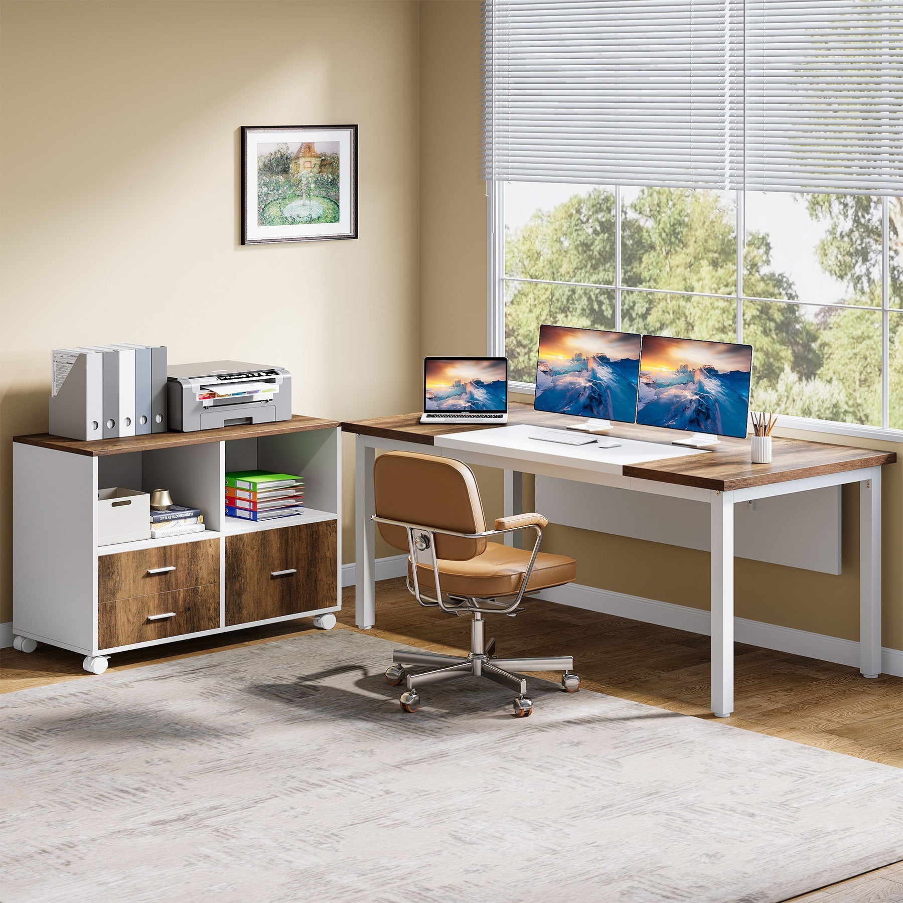 63" L-Shaped Desk, Modern Executive Computer Desk with 37" Mobile File Cabinet Tribesigns