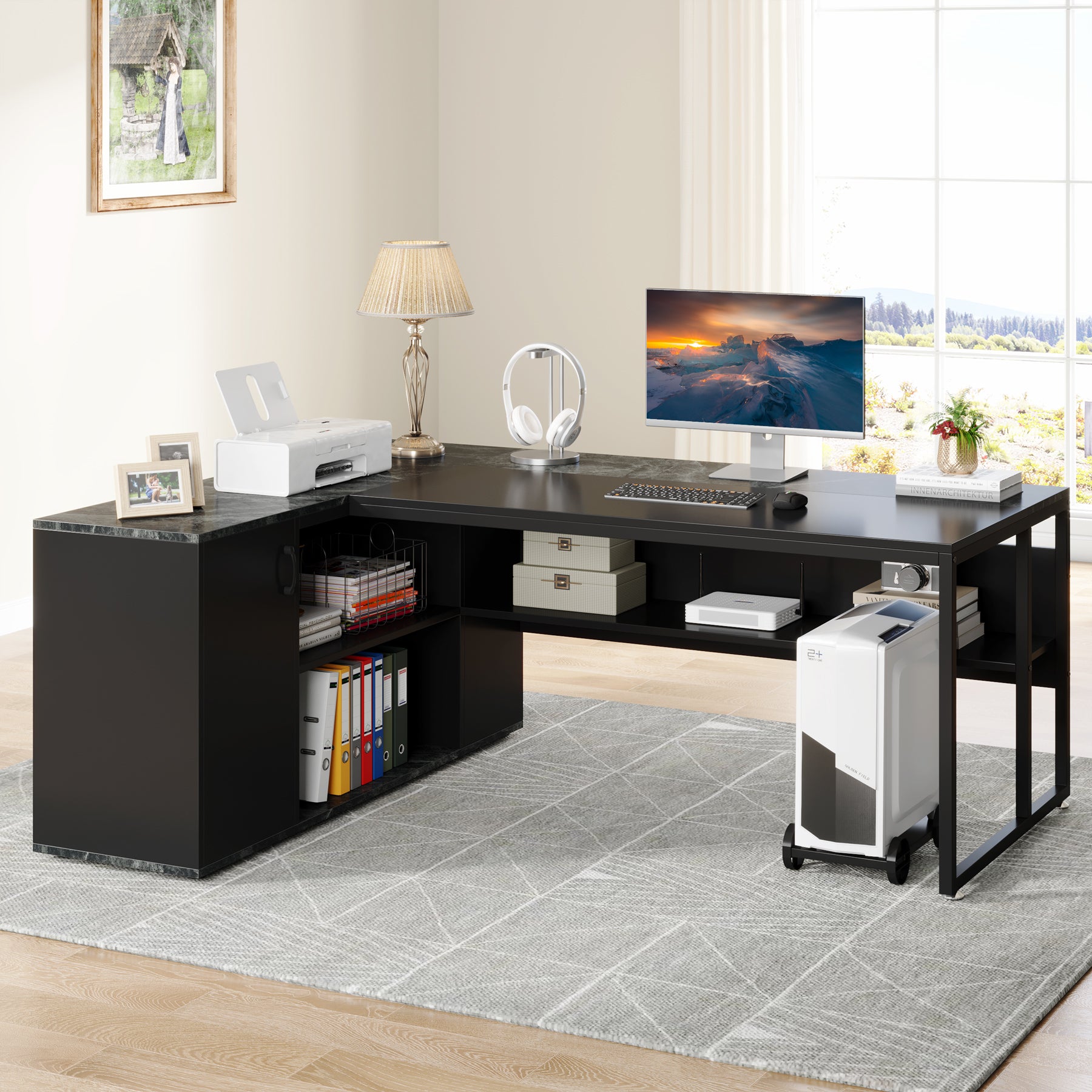 71" Executive L Shaped Computer Desk with Cabinet