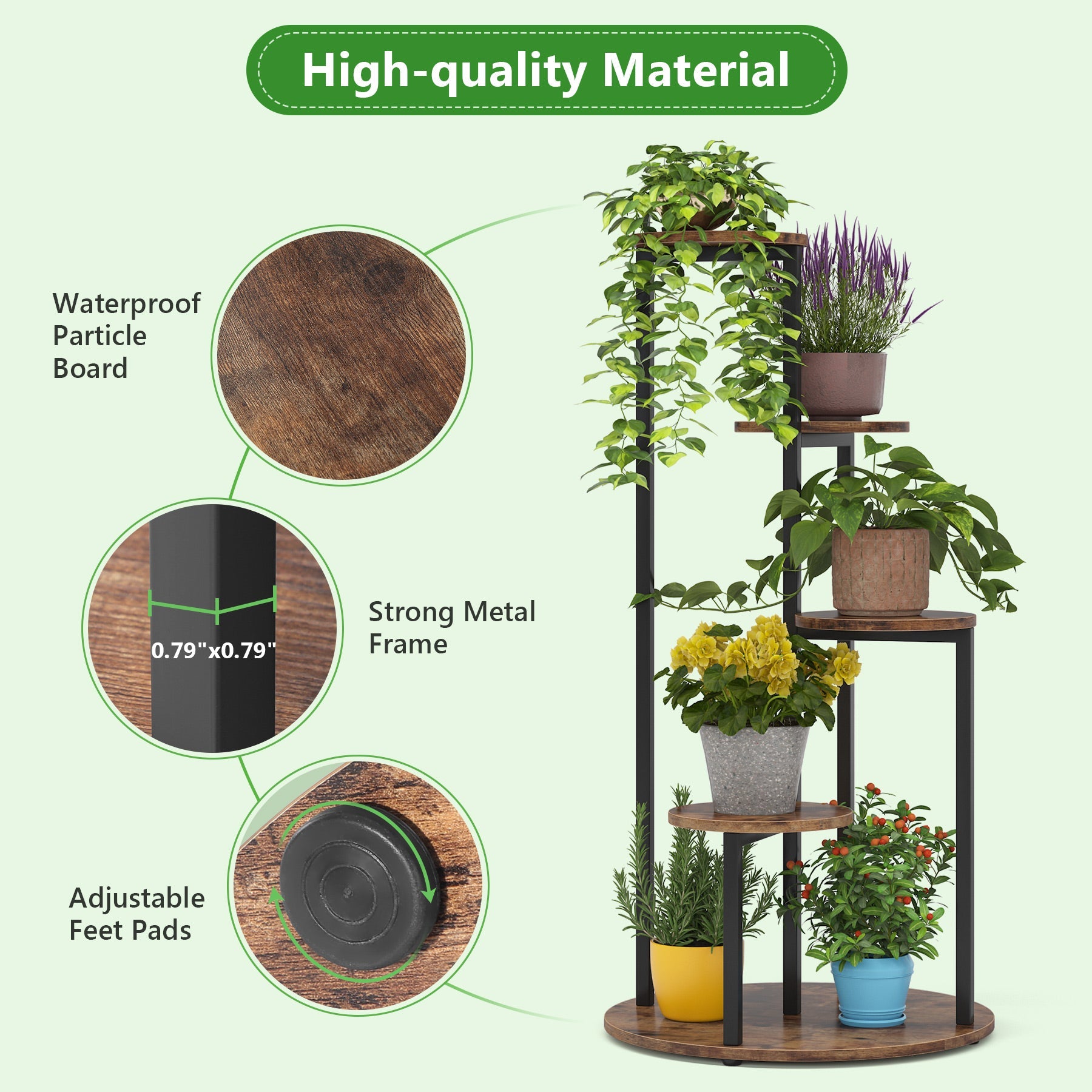 LITTLE TREE 5-Tier Corner Plant Stand, Free Standing Wood Metal Flower Rack Pot Shelf Display with Round Board, Garden Patio Balcony Plant Holder