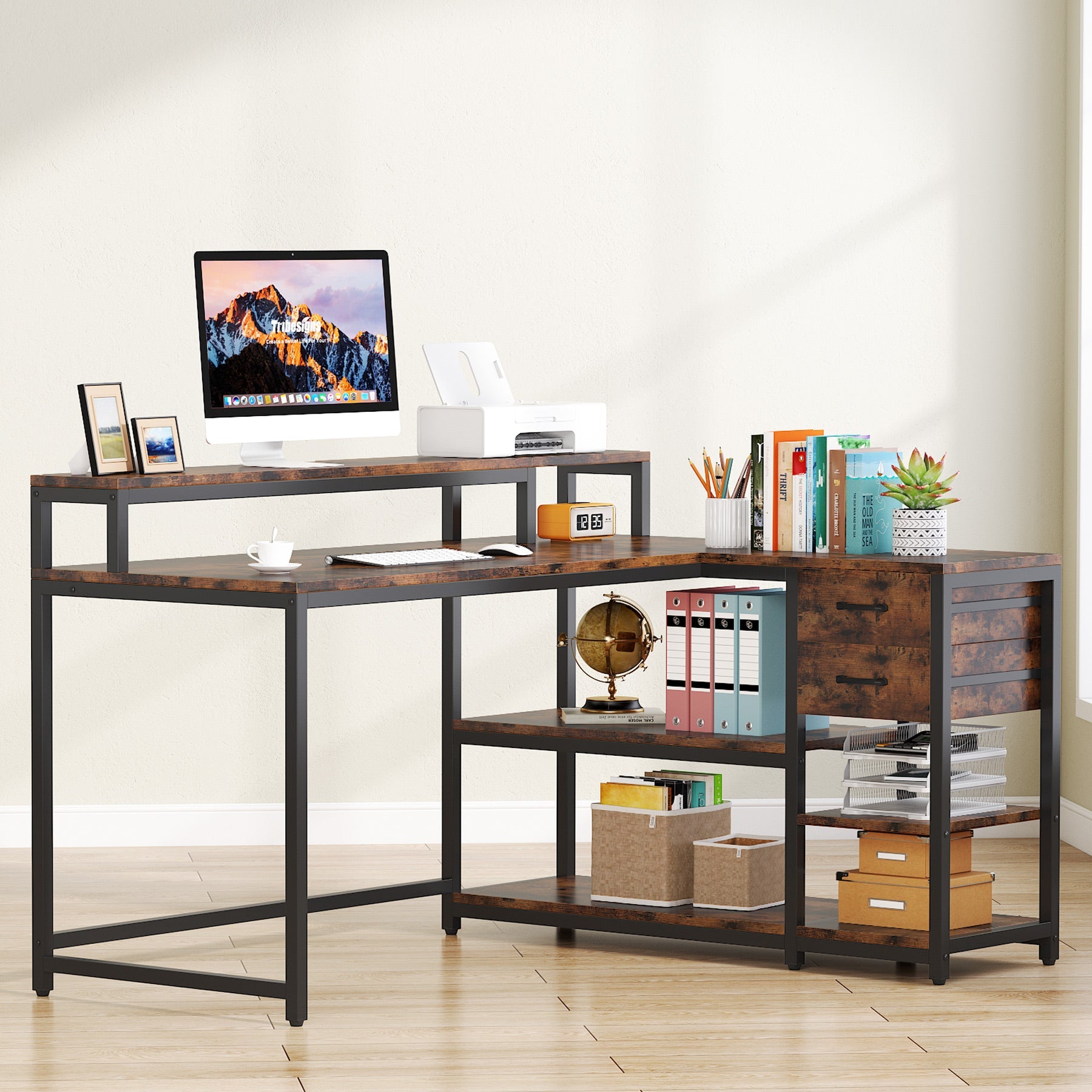 Tribesigns L-Shaped Desk, Industrial Corner Desk with Drawer & Storage Shelves Tribesigns