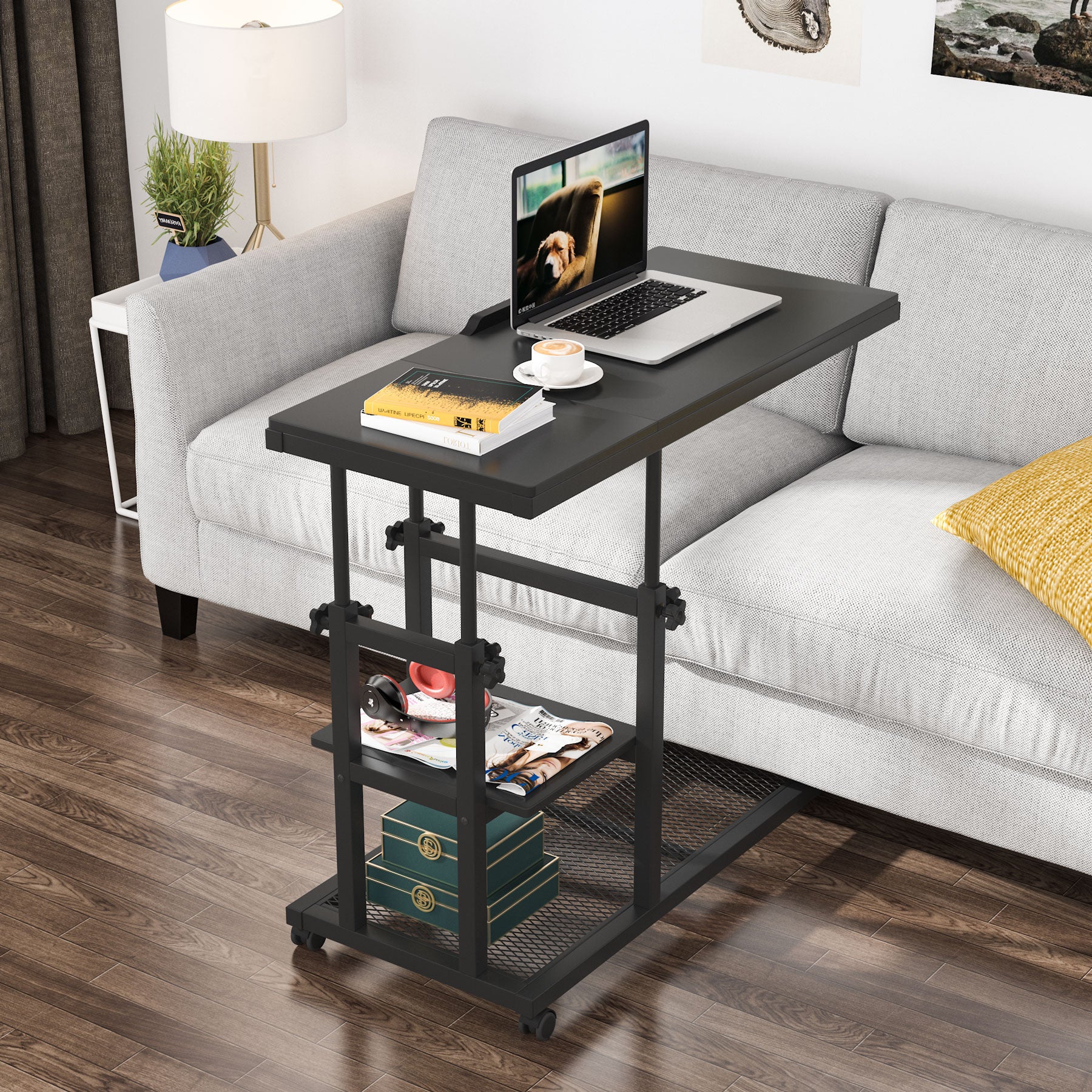 Height Adjustable C Side Table with Rolling Wheels