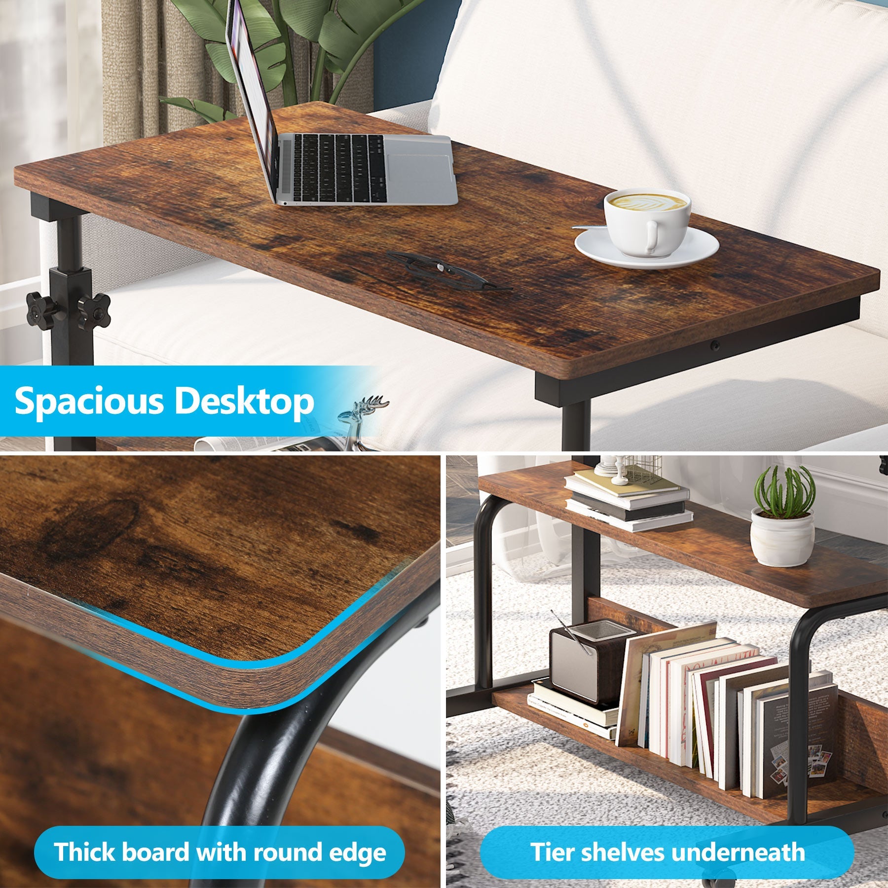 C Table, Height Adjustable Bedside Sofa Table with Wheels Tribesigns