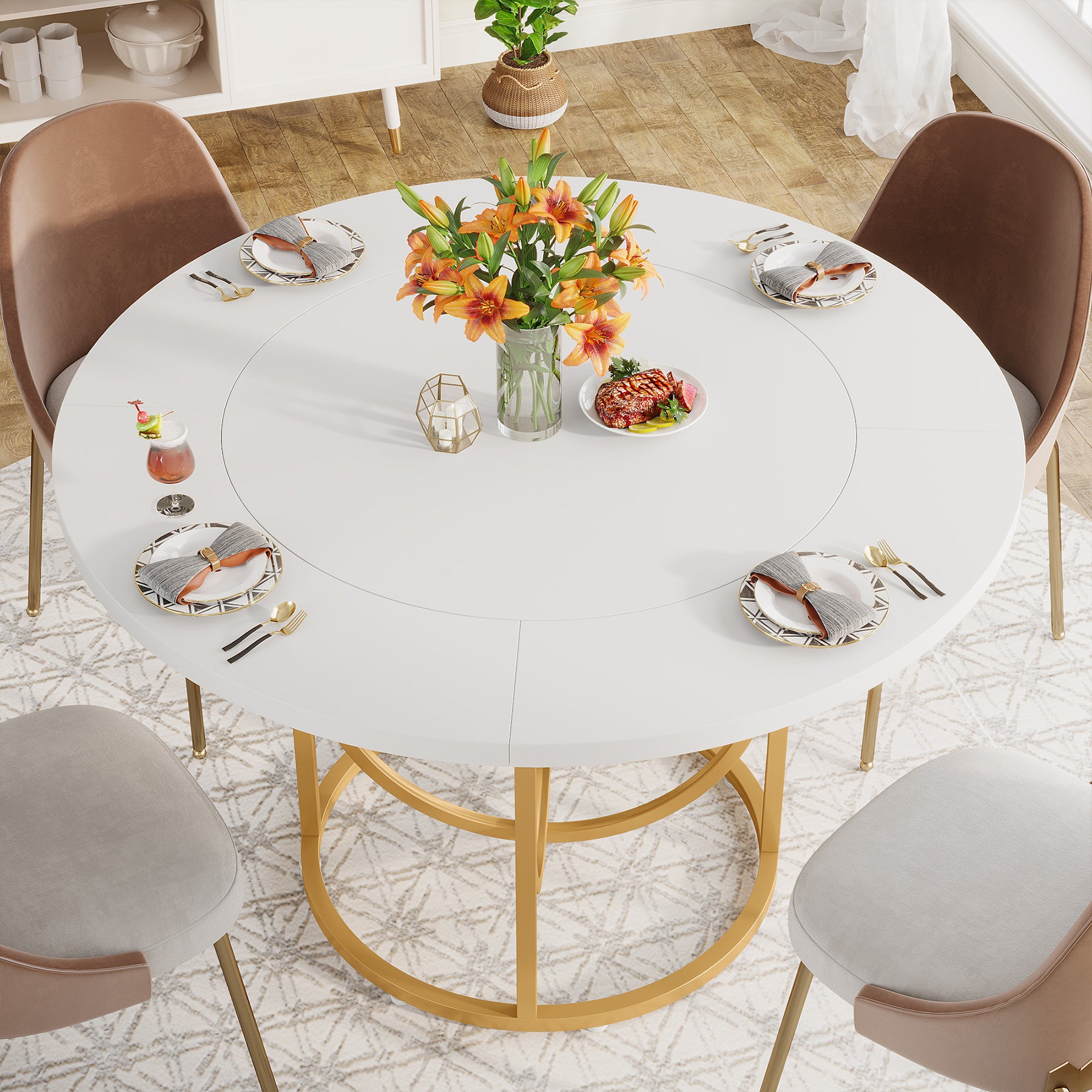 47" Round Dining Table with Metal Base for 4